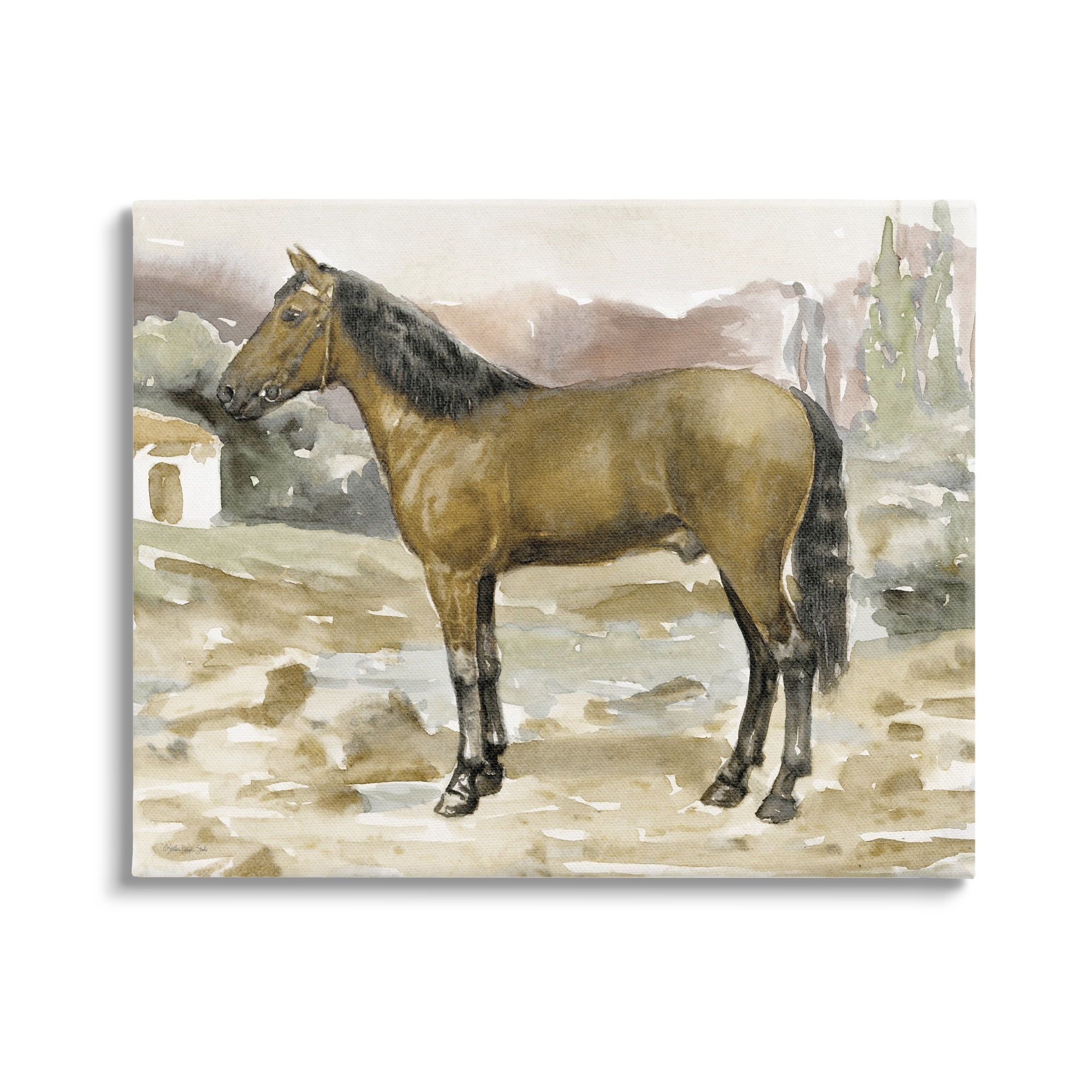 Stupell Rural Brown Horse Country Scene Animals & Insects Painting Gallery Wrapped Canvas Print Wall Art