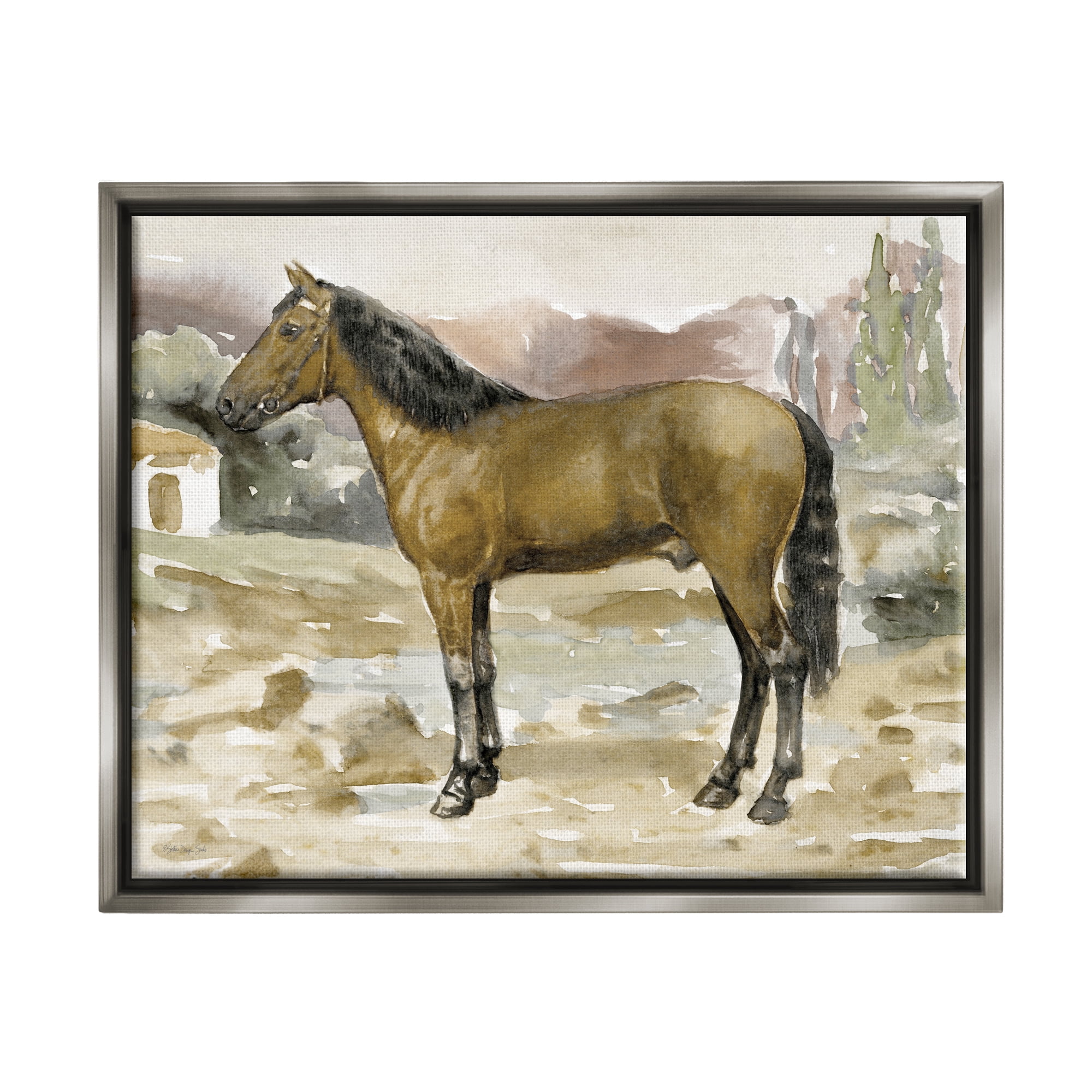 Stupell Rural Brown Horse Country Scene Animals & Insects Painting Gray Floater Framed Art Print Wall Art