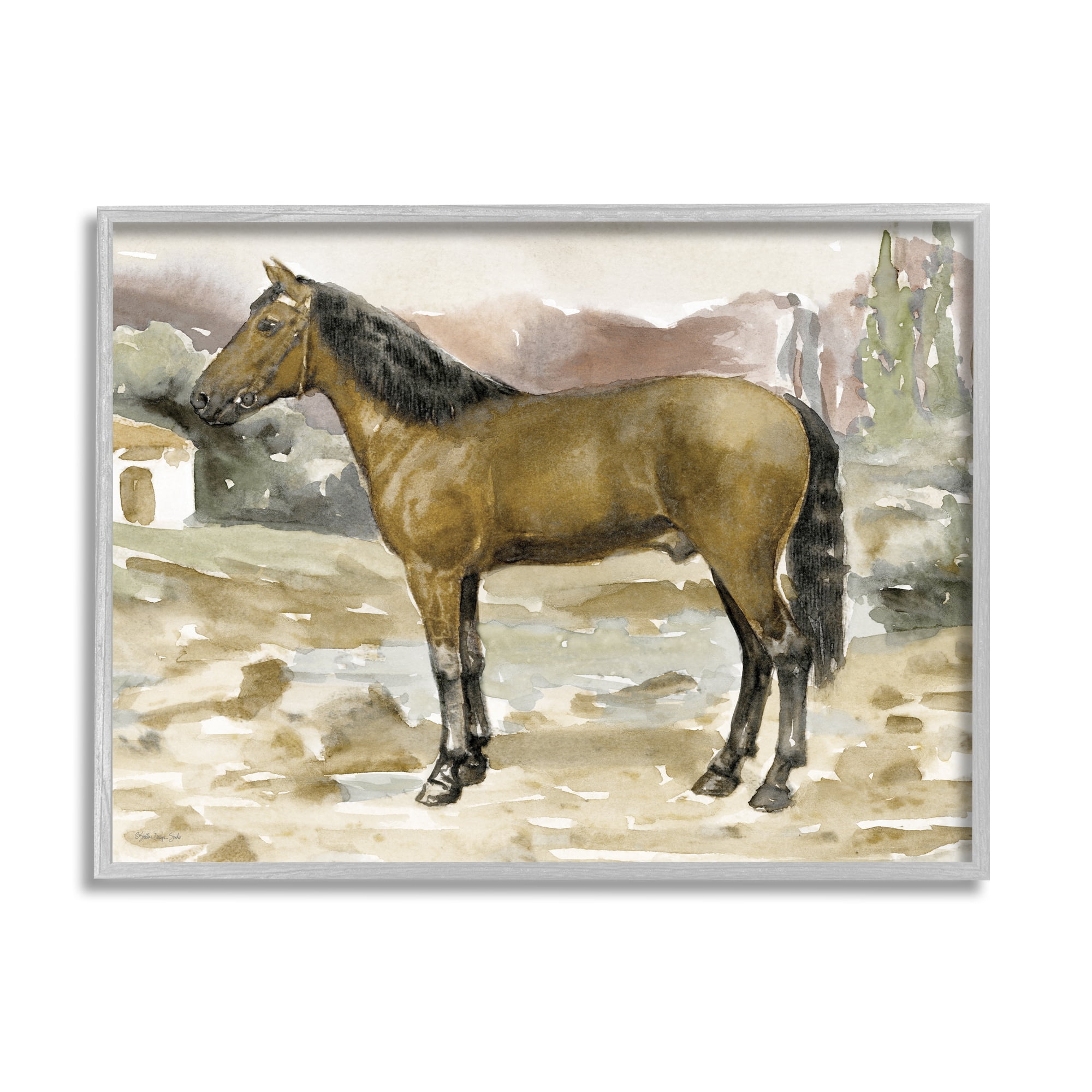 Stupell Rural Brown Horse Country Scene Animals & Insects Painting Gray Framed Art Print Wall Art