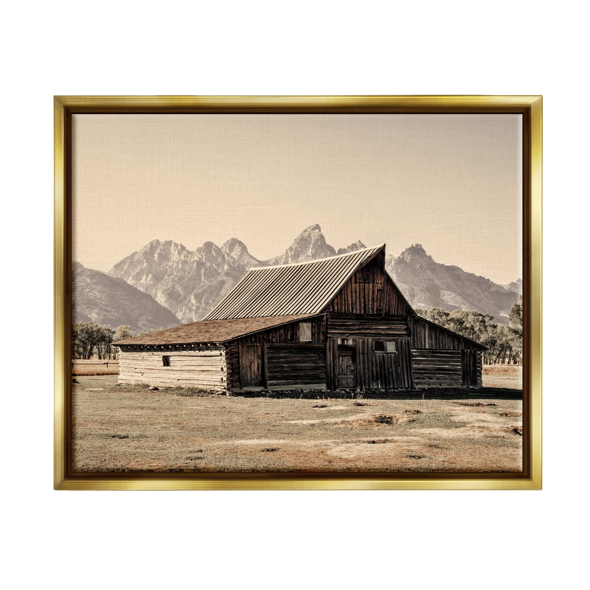 Stupell Rural Cabin Nature Mountain Peaks Landscape Photography Gold Floater Framed Art Print Wall Art
