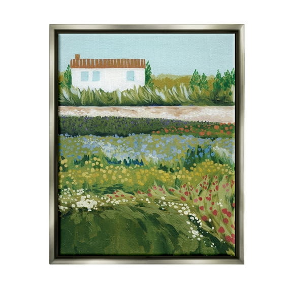 Stupell Rural Cottage Wildflowers Blooming Landscape Painting Gray Floater Framed Art Print Wall Art