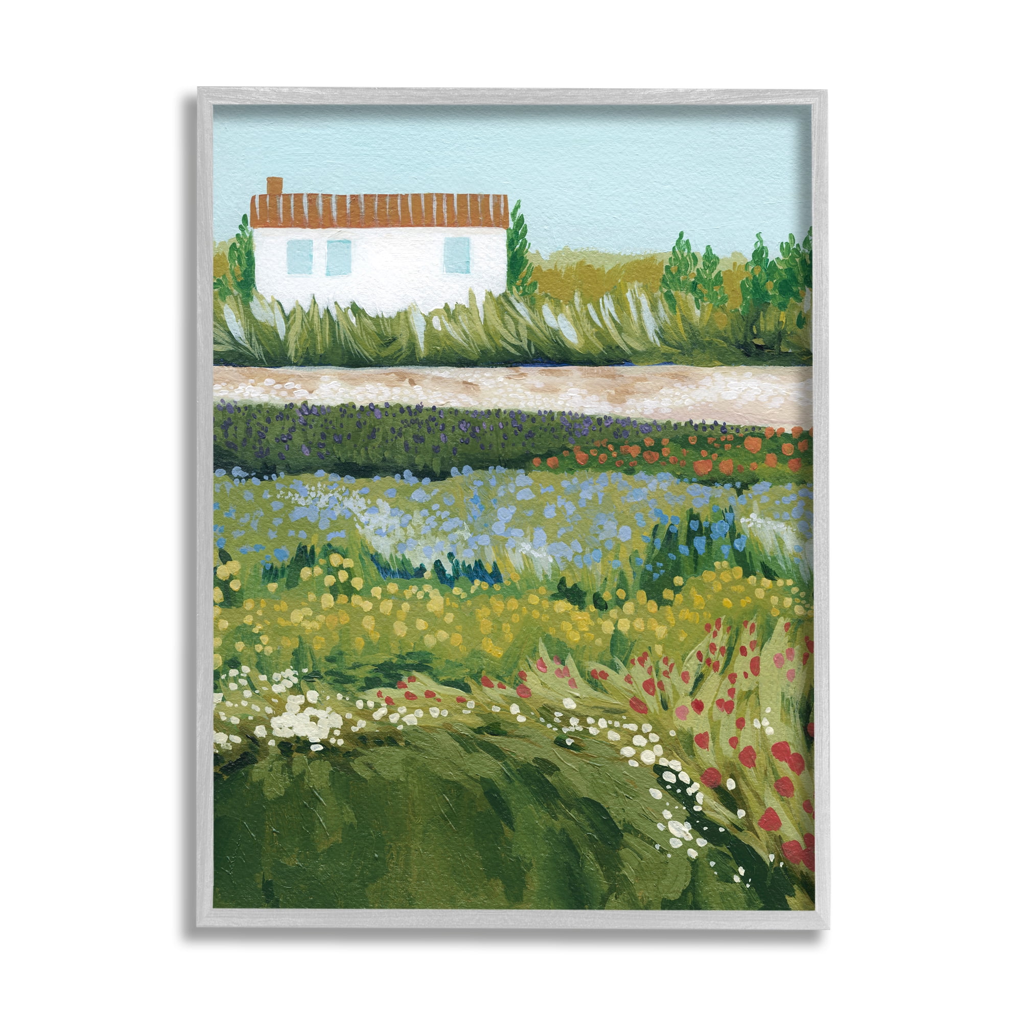 Stupell Rural Cottage Wildflowers Blooming Landscape Painting Gray Framed Art Print Wall Art