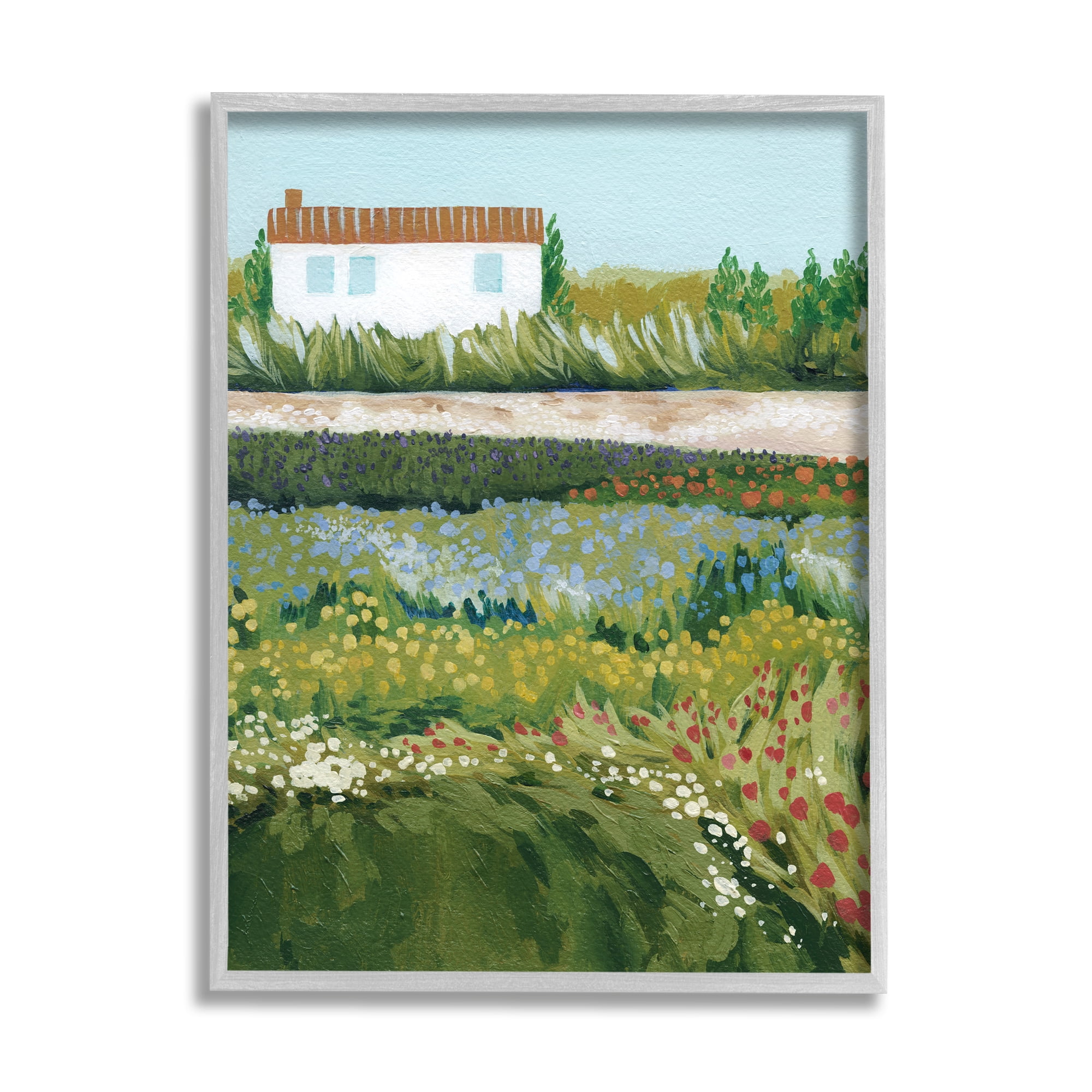 Stupell Rural Cottage Wildflowers Blooming Landscape Painting Gray Framed Art Print Wall Art