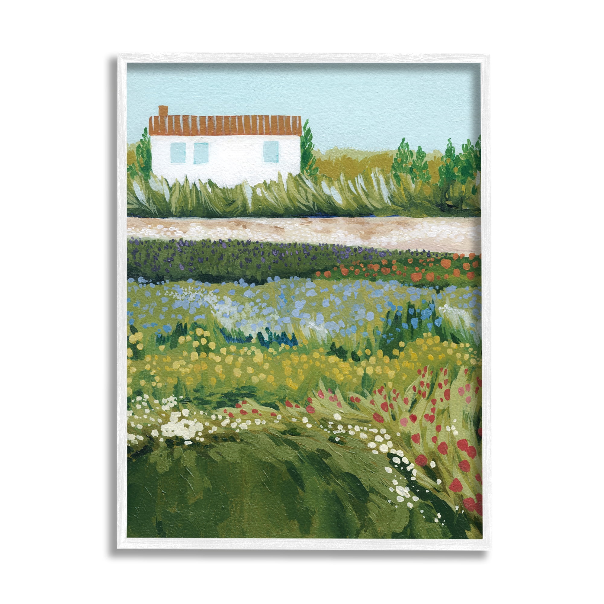 Stupell Rural Cottage Wildflowers Blooming Landscape Painting White Framed Art Print Wall Art