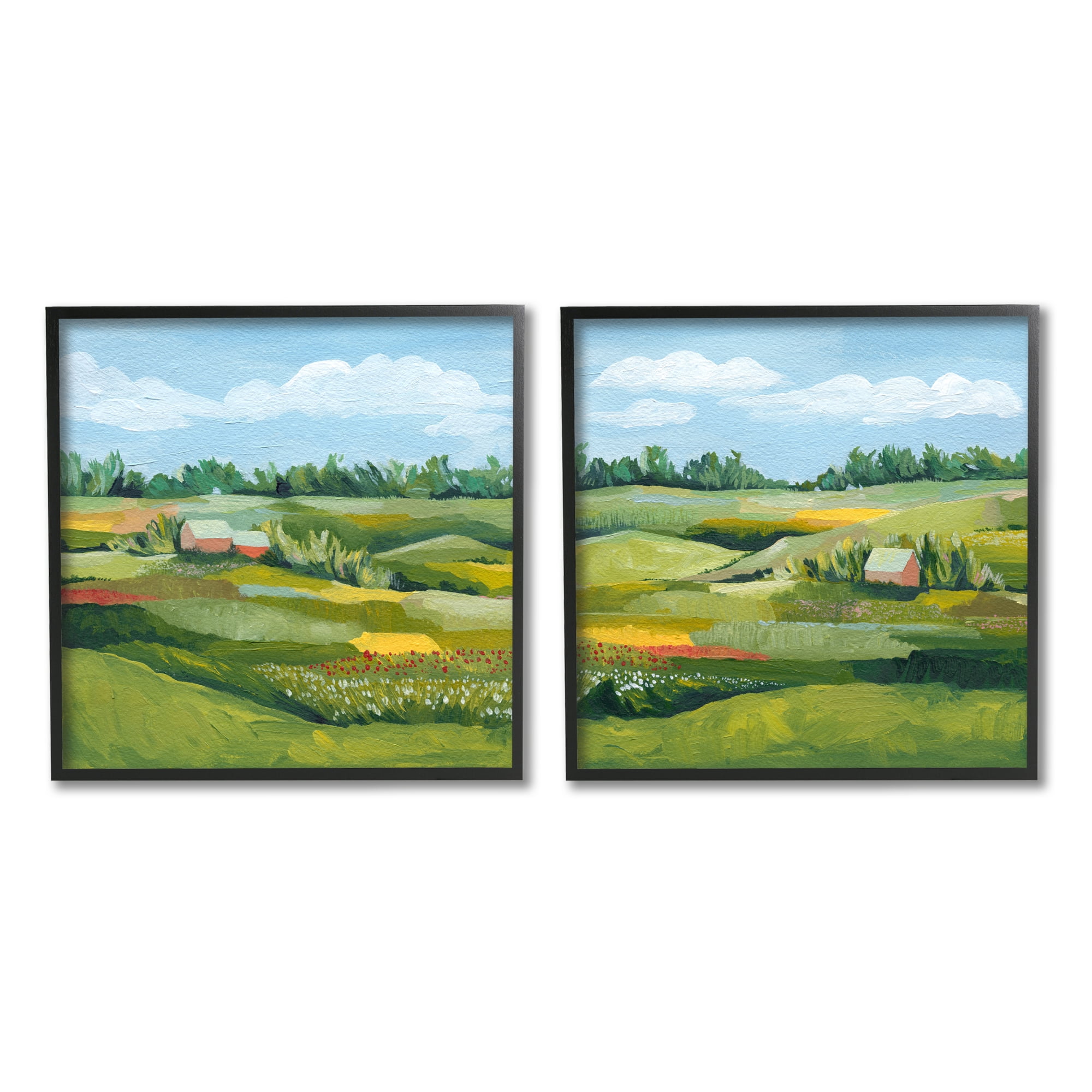 Stupell Rural Country Farm Pastures Landscape Painting Black Framed Art Print Wall Art, Set of 2