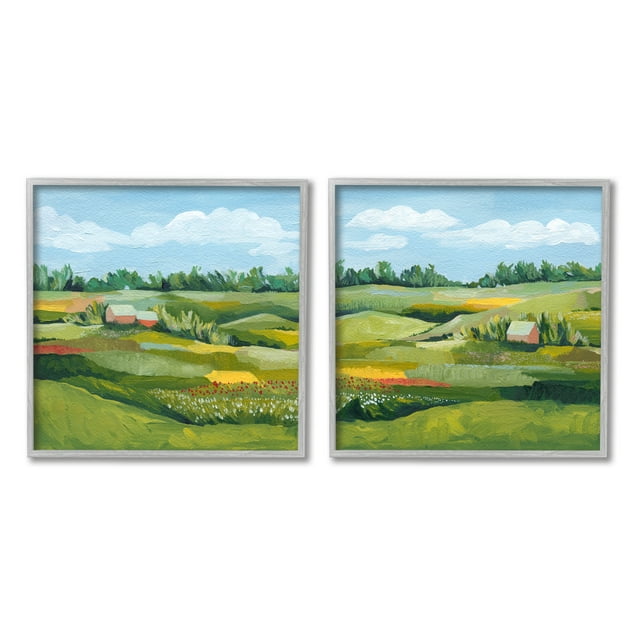Stupell Rural Country Farm Pastures Landscape Painting Gray Framed Art Print Wall Art, Set of 2