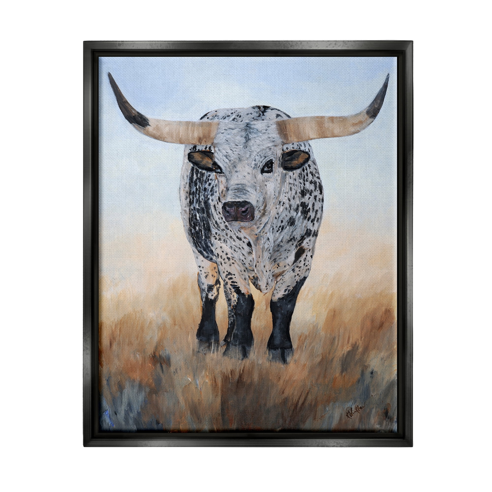 Stupell Rural Longhorn Cattle Animal Animals & Insects Painting Black Floater Framed Art Print Wall Art