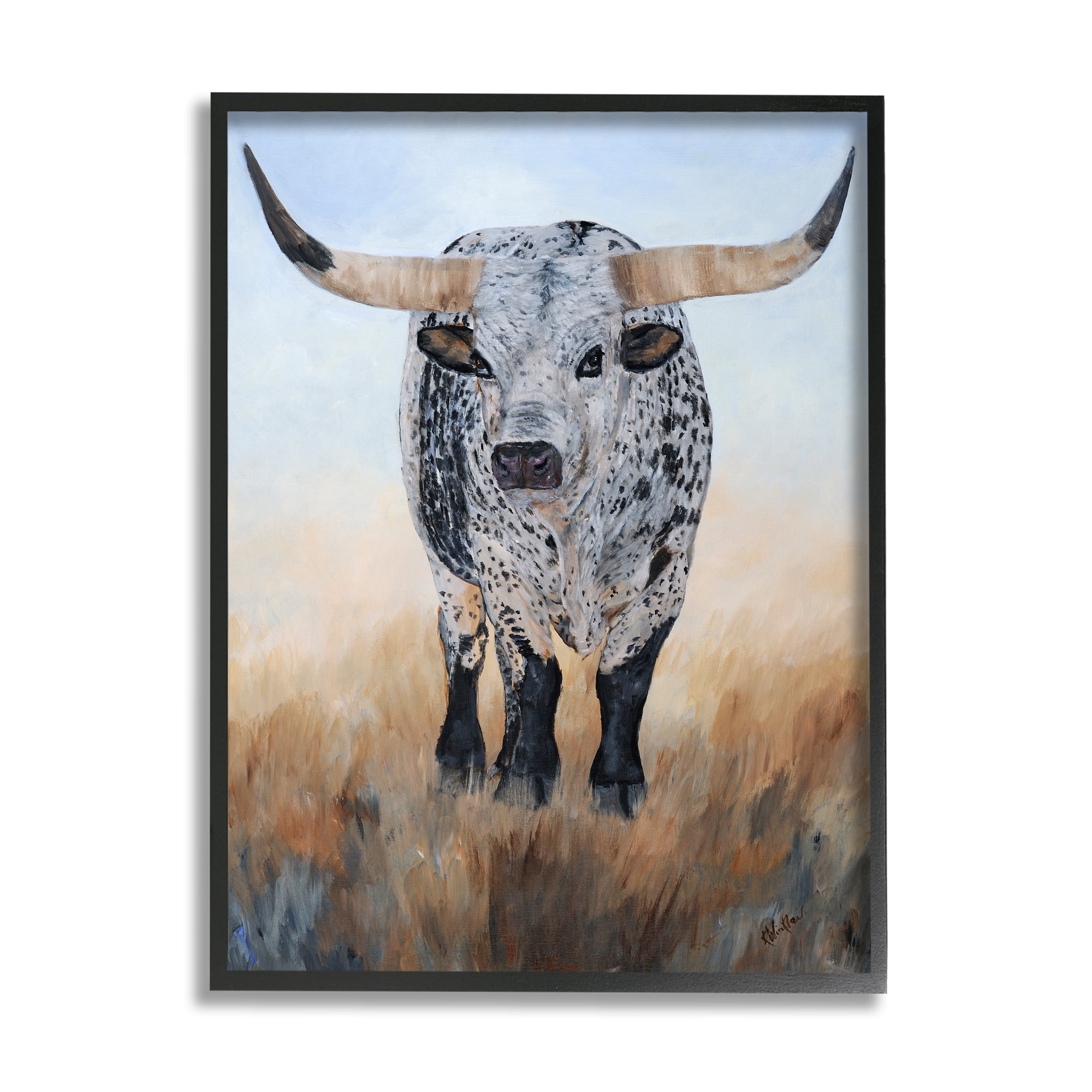 Stupell Rural Longhorn Cattle Animal Animals & Insects Painting Black Framed Art Print Wall Art
