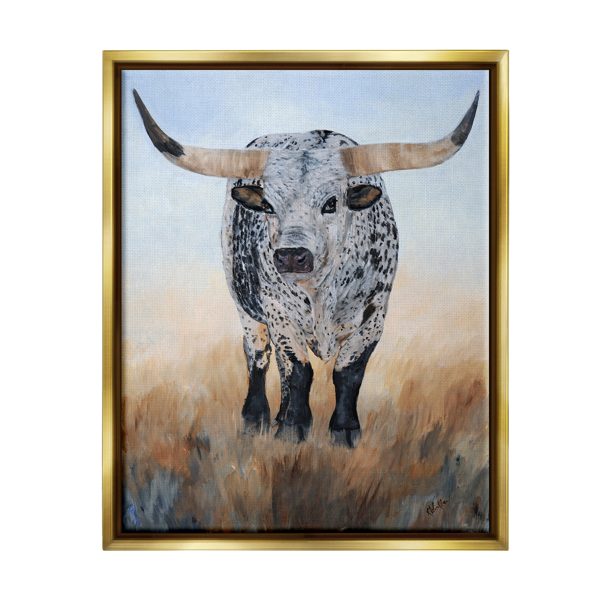 Stupell Rural Longhorn Cattle Animal Animals & Insects Painting Gold Floater Framed Art Print Wall Art