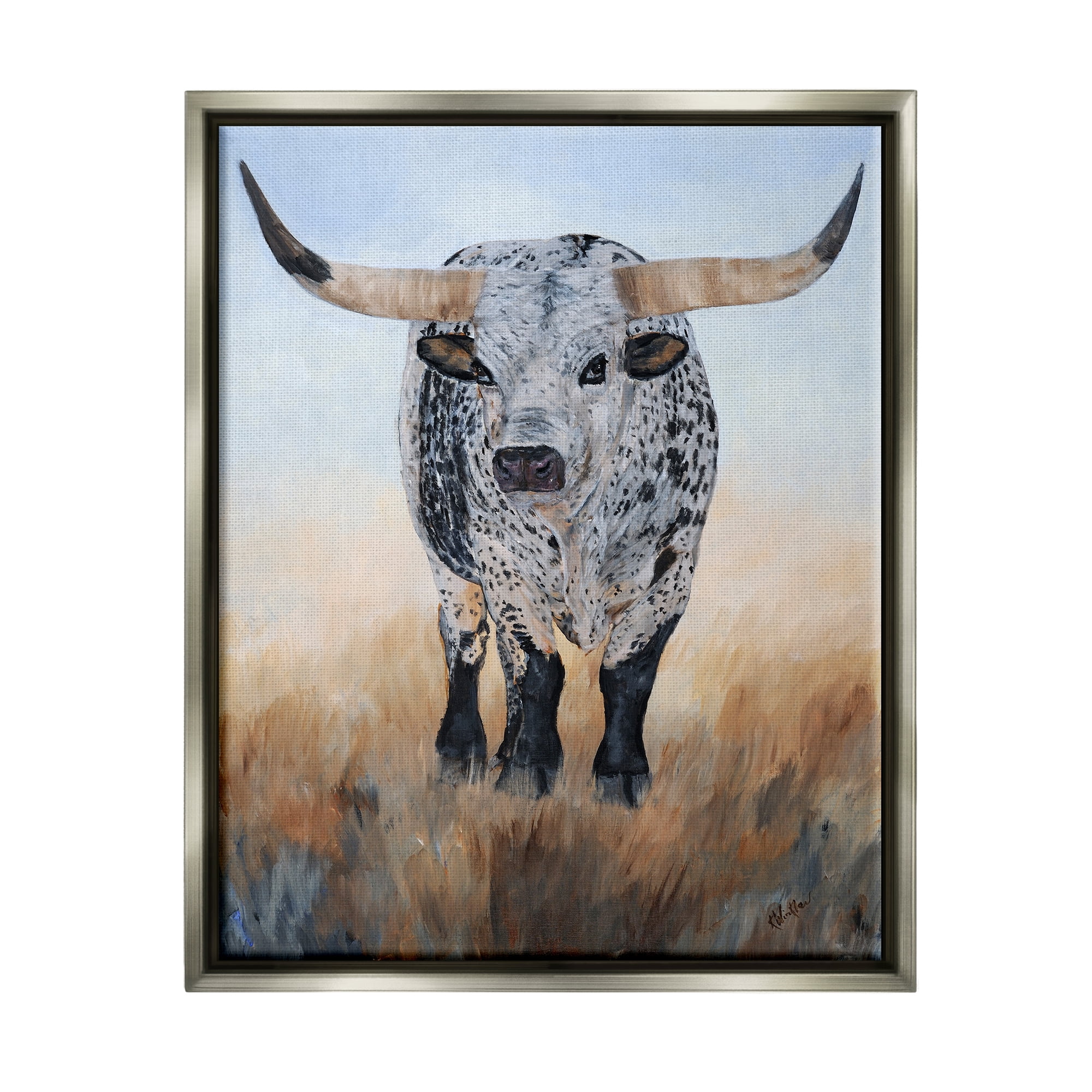 Stupell Rural Longhorn Cattle Animal Animals & Insects Painting Gray Floater Framed Art Print Wall Art