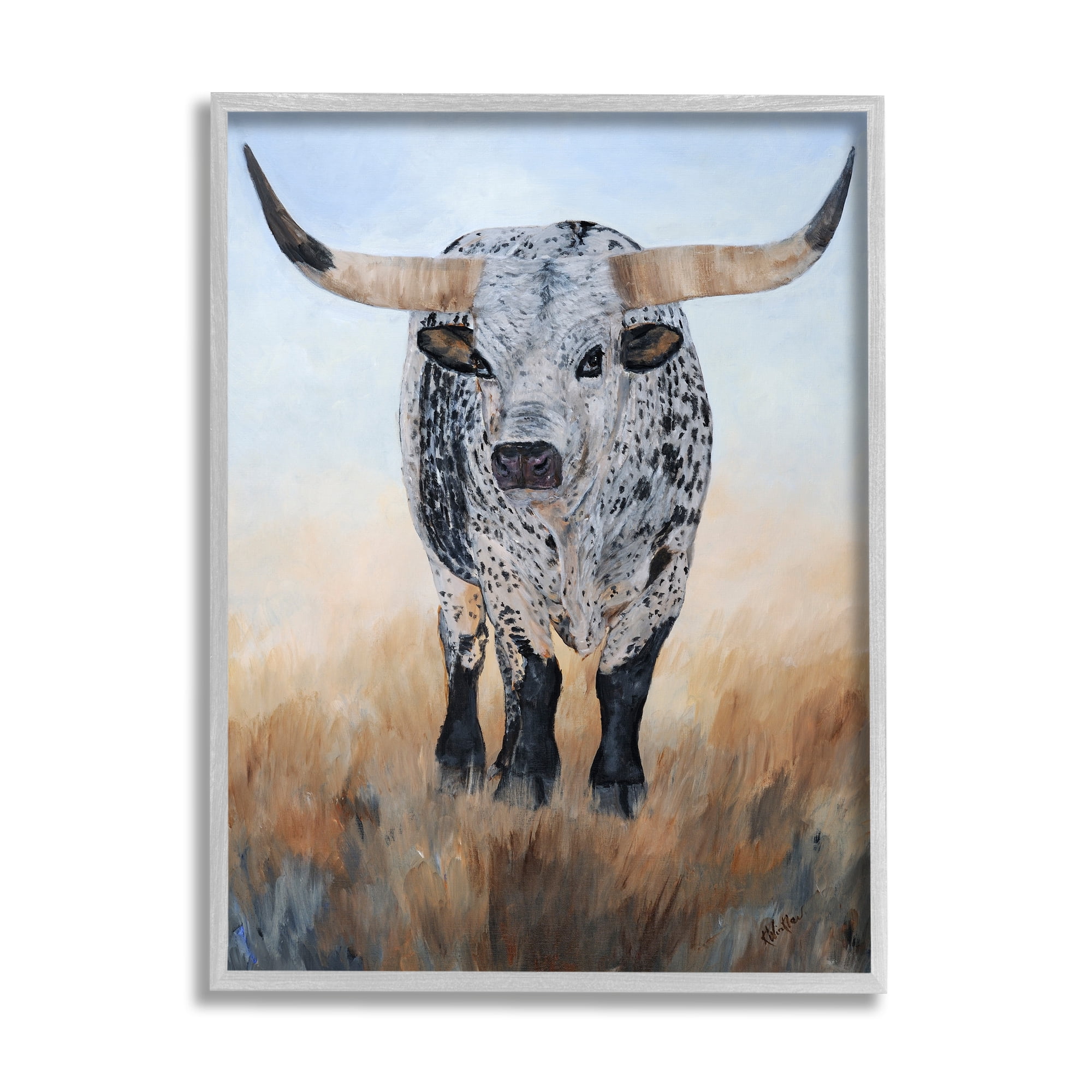 Stupell Rural Longhorn Cattle Animal Animals & Insects Painting Gray Framed Art Print Wall Art