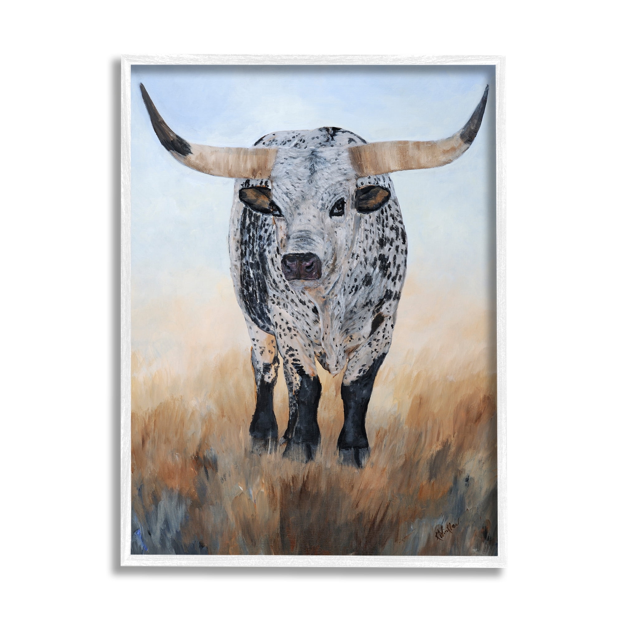 Stupell Rural Longhorn Cattle Animal Animals & Insects Painting White Framed Art Print Wall Art