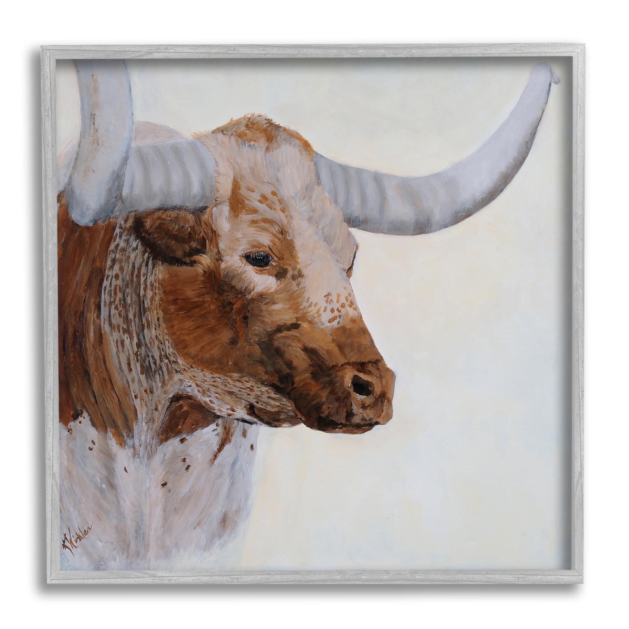 Stupell Rural Longhorn Cow Face Portrait Animals & Insects Painting Gray Framed Art Print Wall Art