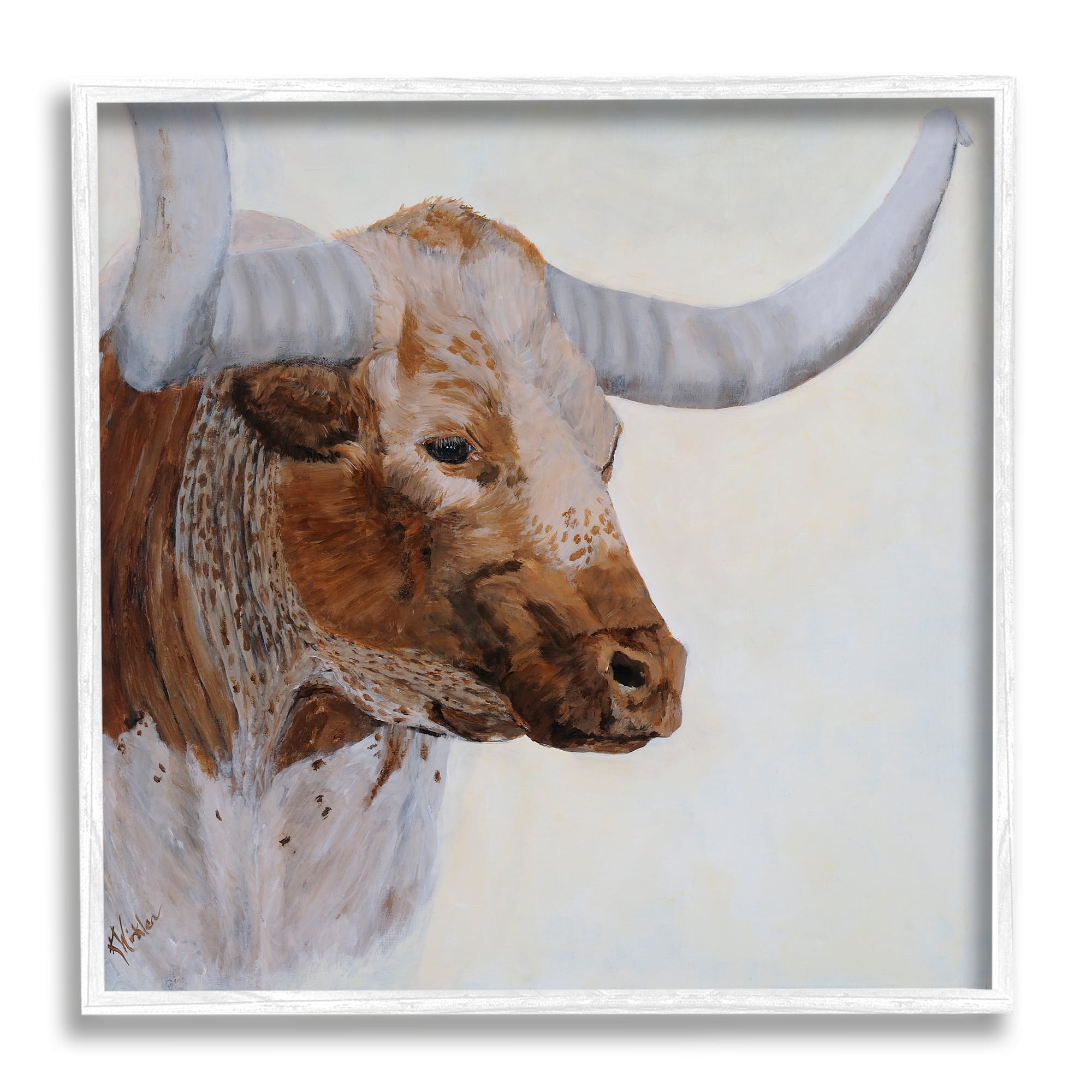 Stupell Rural Longhorn Cow Face Portrait Animals & Insects Painting White Framed Art Print Wall Art