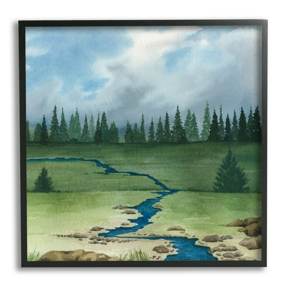 Stupell Rural Stream Flowing Countryside Landscape Painting Black Framed Art Print Wall Art