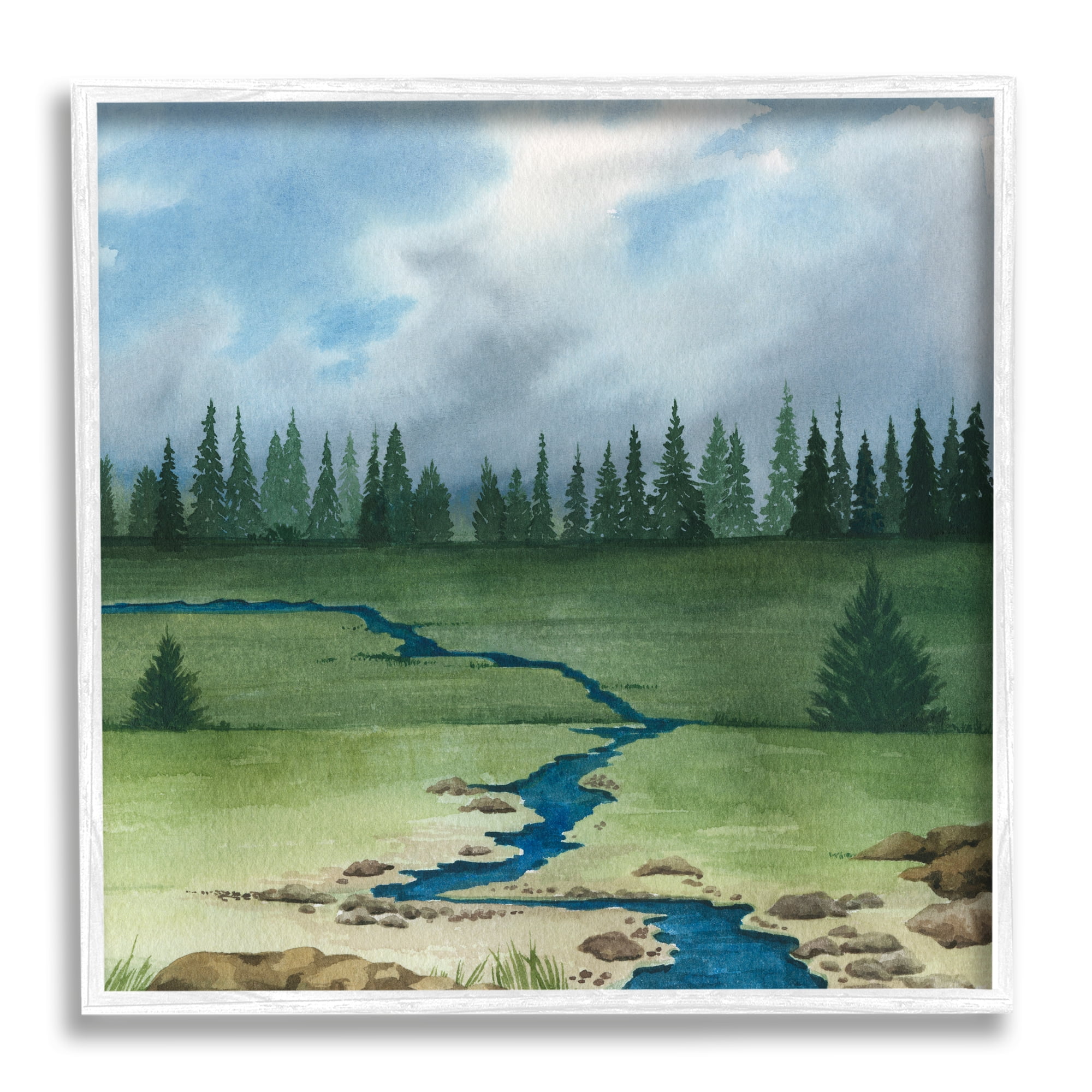 Stupell Rural Stream Flowing Countryside Landscape Painting White Framed Art Print Wall Art