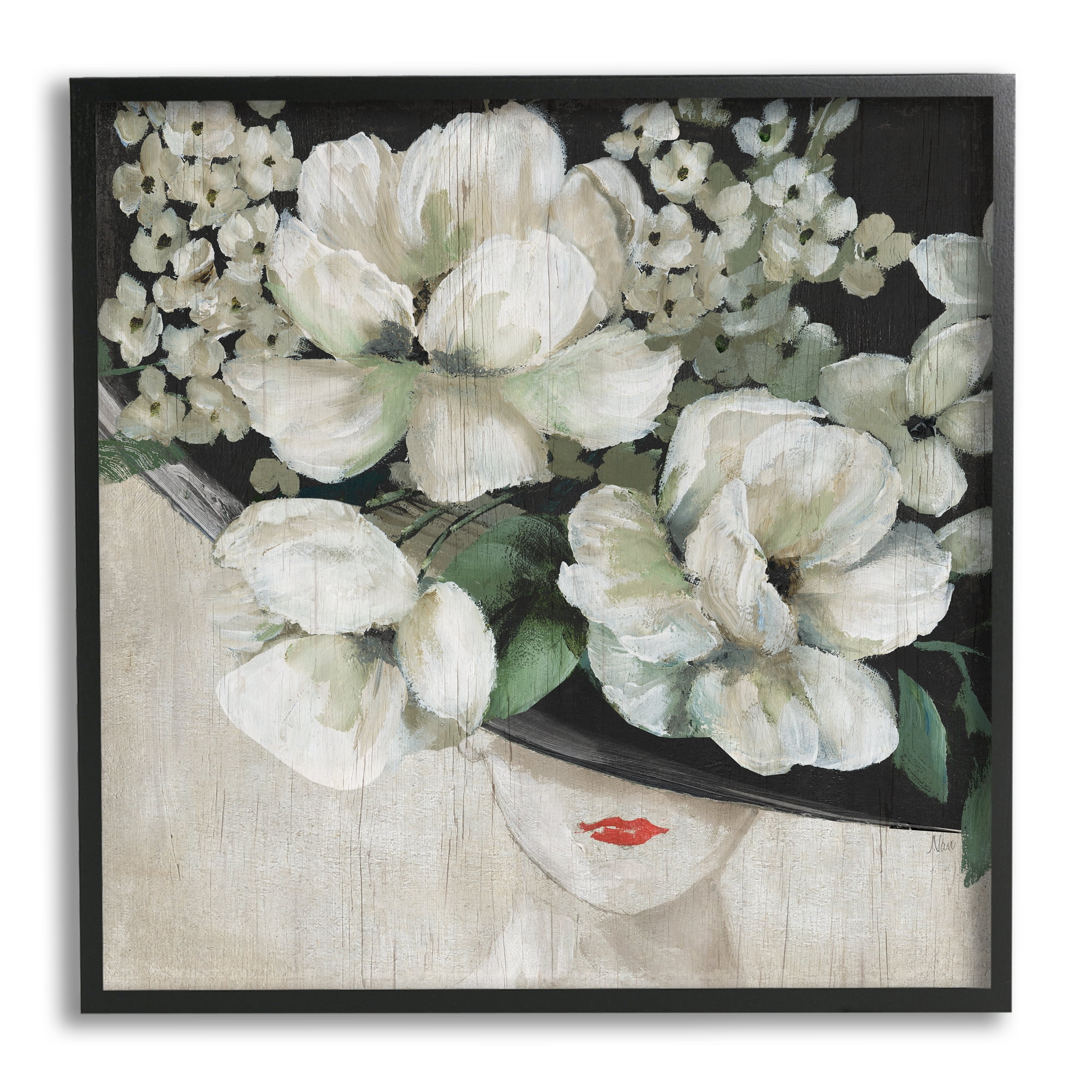 Stupell Rustic Fashion Woman Floral Hat Botanical & Floral Painting Black Framed Art Print Wall Art