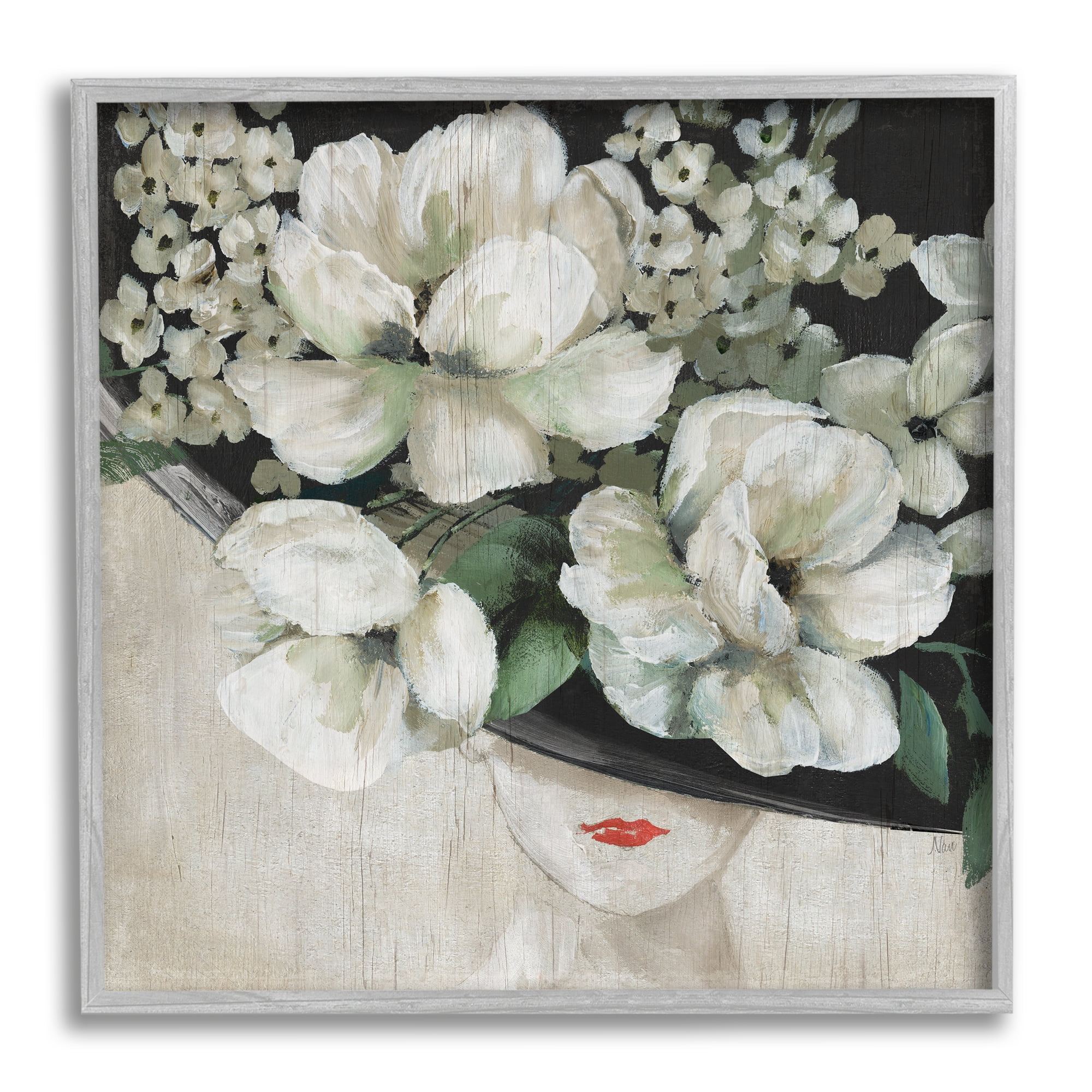 Stupell Rustic Fashion Woman Floral Hat Botanical & Floral Painting Gray Framed Art Print Wall Art