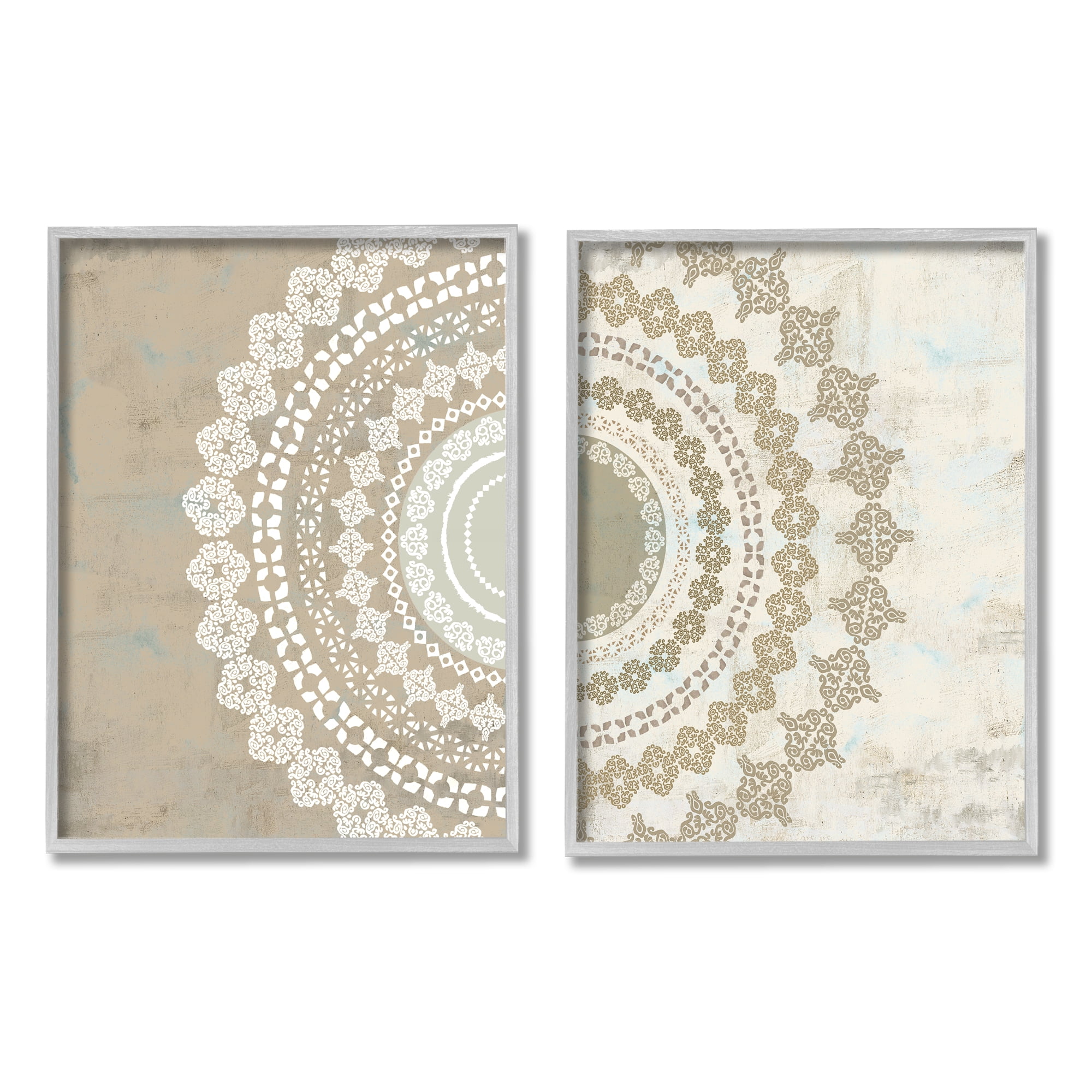 Stupell Rustic Mandala Boho Pattern Abstract Painting Gray Framed Art Print Wall Art, Set of 2