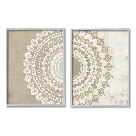 Stupell Rustic Mandala Boho Pattern Abstract Painting Gray Framed Art Print Wall Art, Set of 2