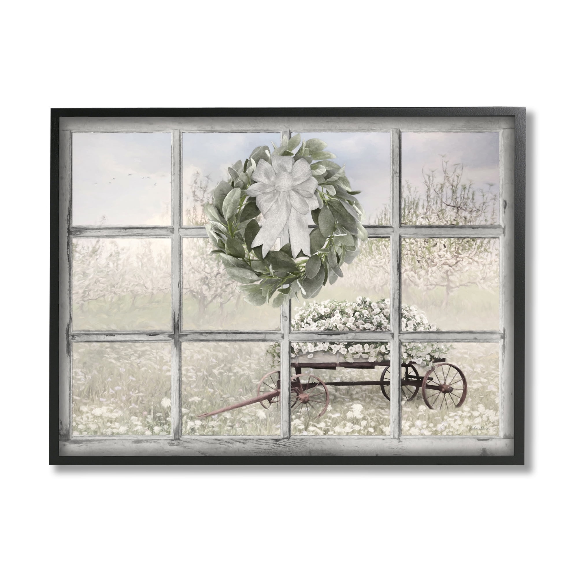 Stupell Rustic Meadow Floral Wagon Landscape Painting Black Framed Art Print Wall Art