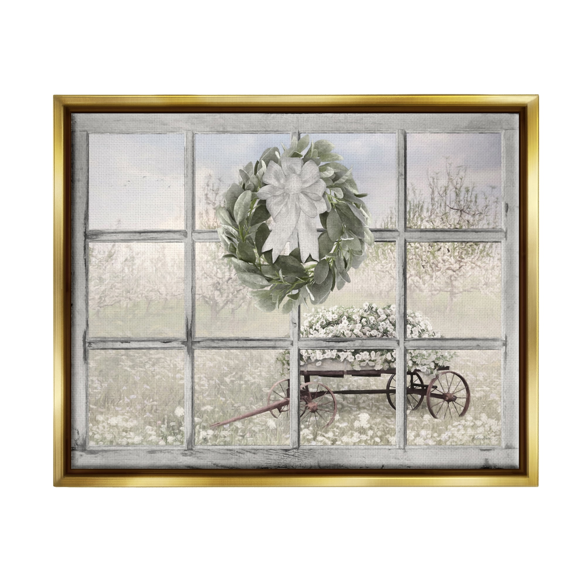 Stupell Rustic Meadow Floral Wagon Landscape Painting Gold Floater Framed Art Print Wall Art