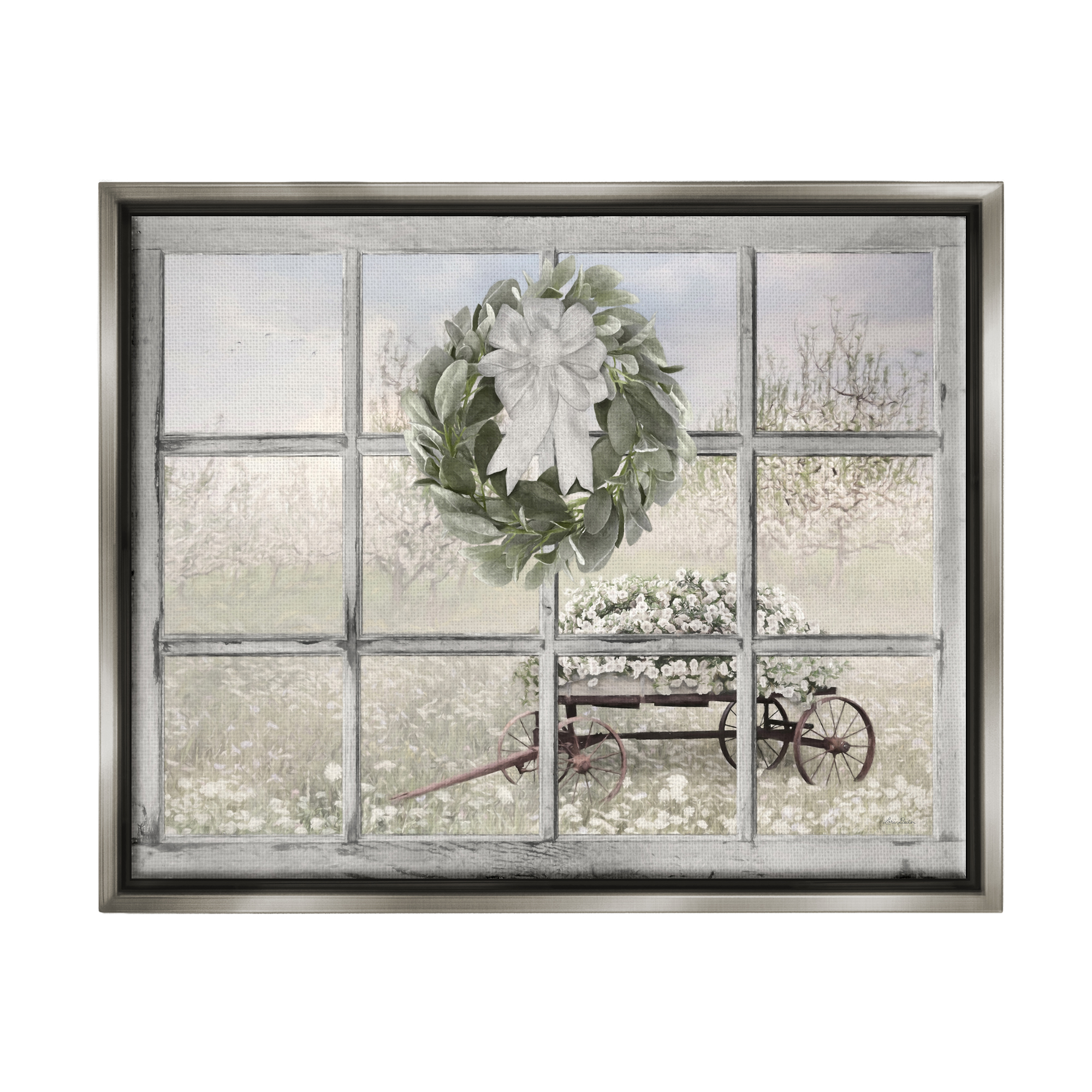 Stupell Rustic Meadow Floral Wagon Landscape Painting Gray Floater Framed Art Print Wall Art