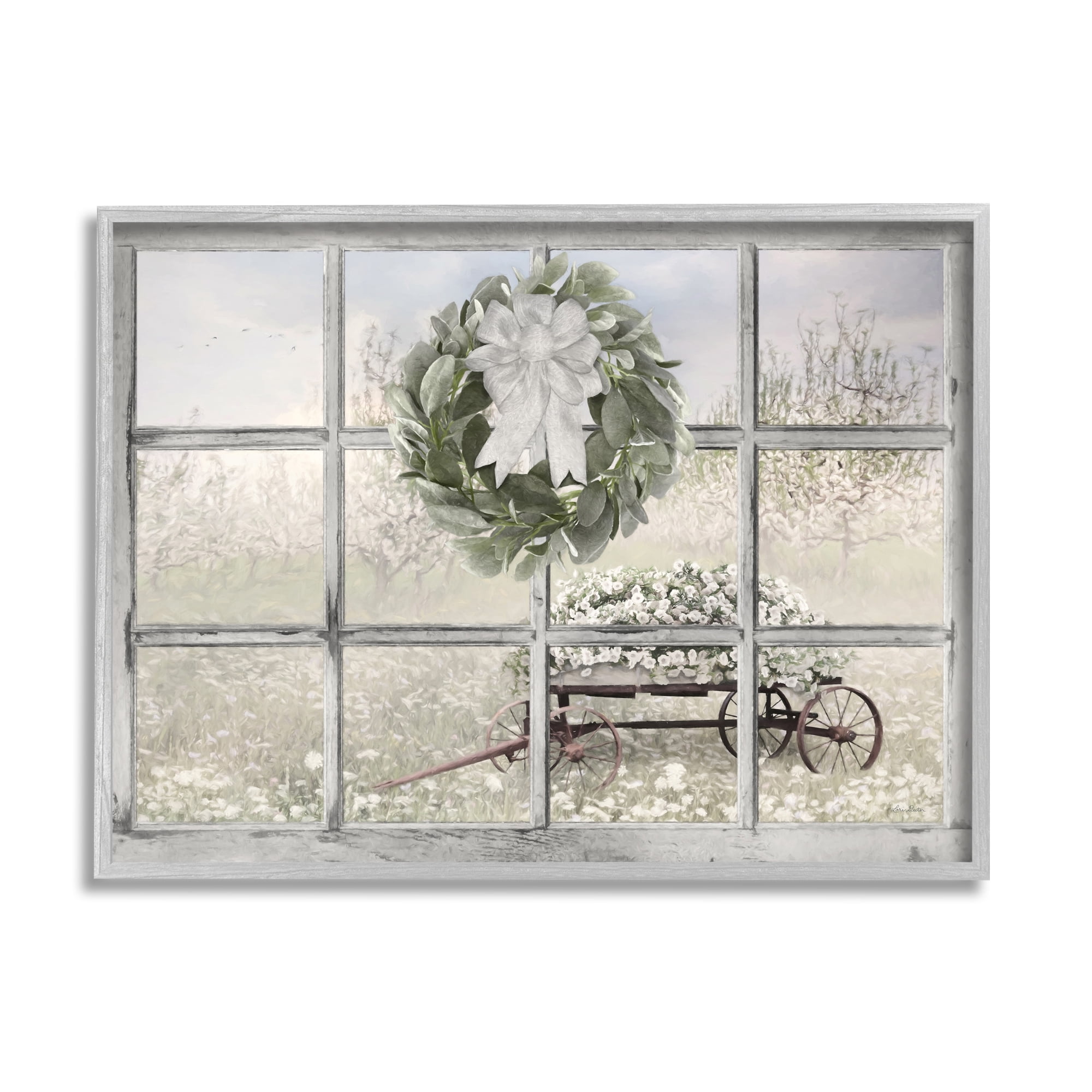 Stupell Rustic Meadow Floral Wagon Landscape Painting Gray Framed Art Print Wall Art