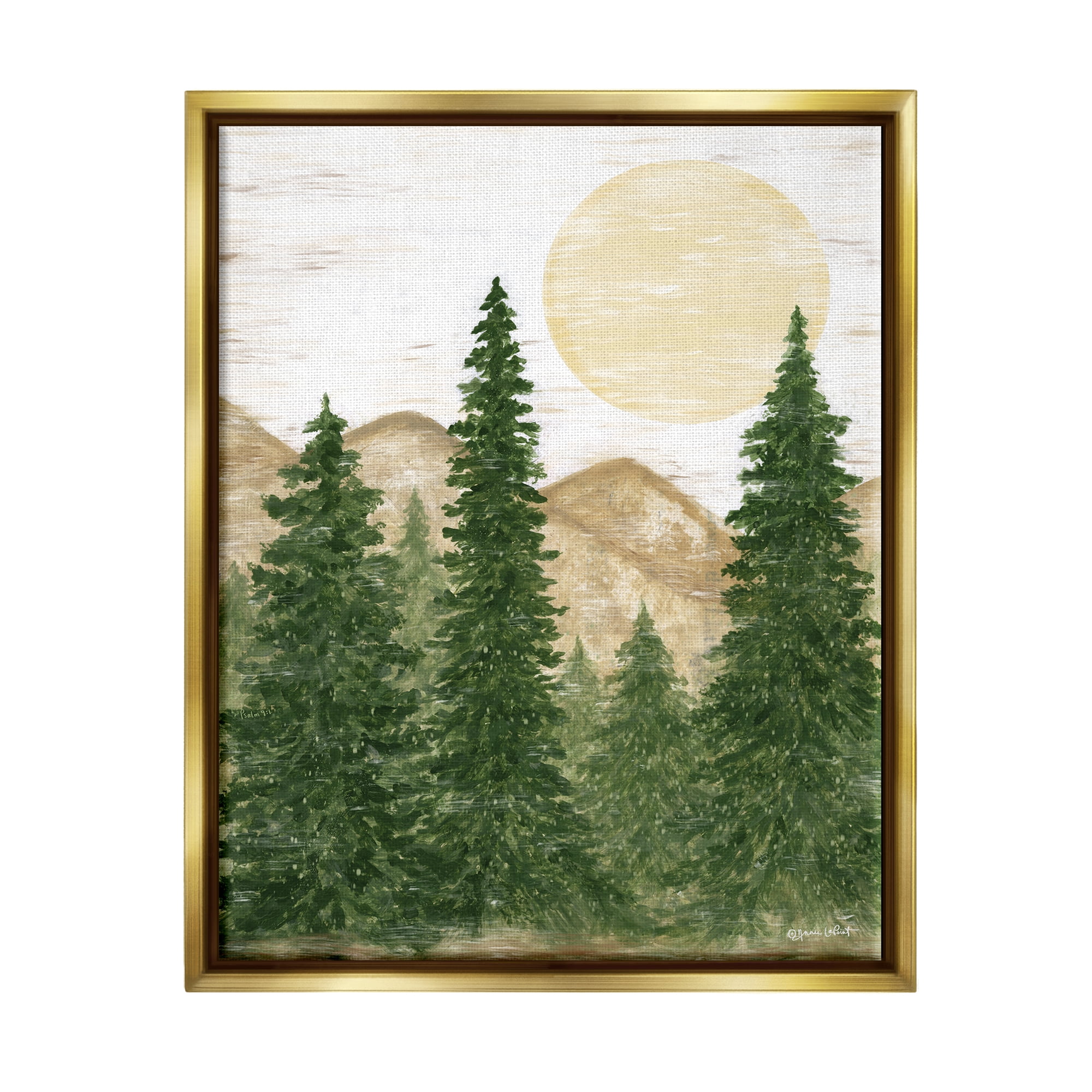Stupell Rustic Mountain Sun Forest Trees Landscape Painting Gold Floater Framed Art Print Wall Art
