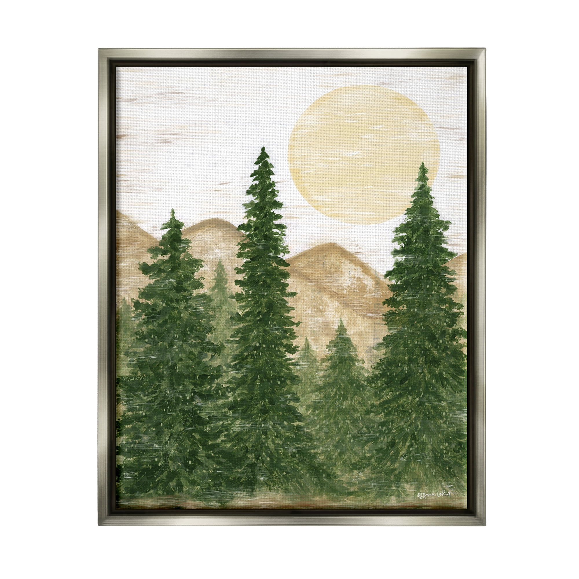 Stupell Rustic Mountain Sun Forest Trees Landscape Painting Gray Floater Framed Art Print Wall Art