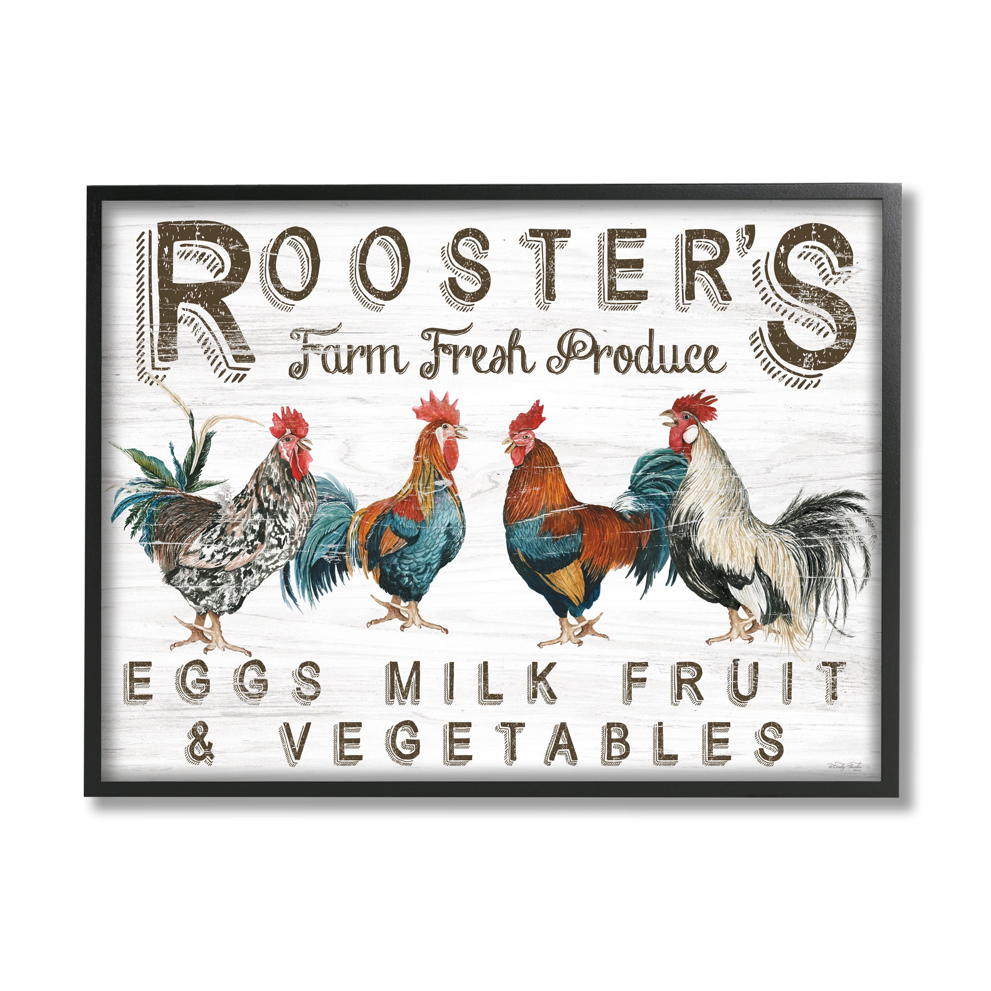 Stupell Rustic Roosters Farm Fresh Produce Animals & Insects Painting Black Framed Art Print Wall Art