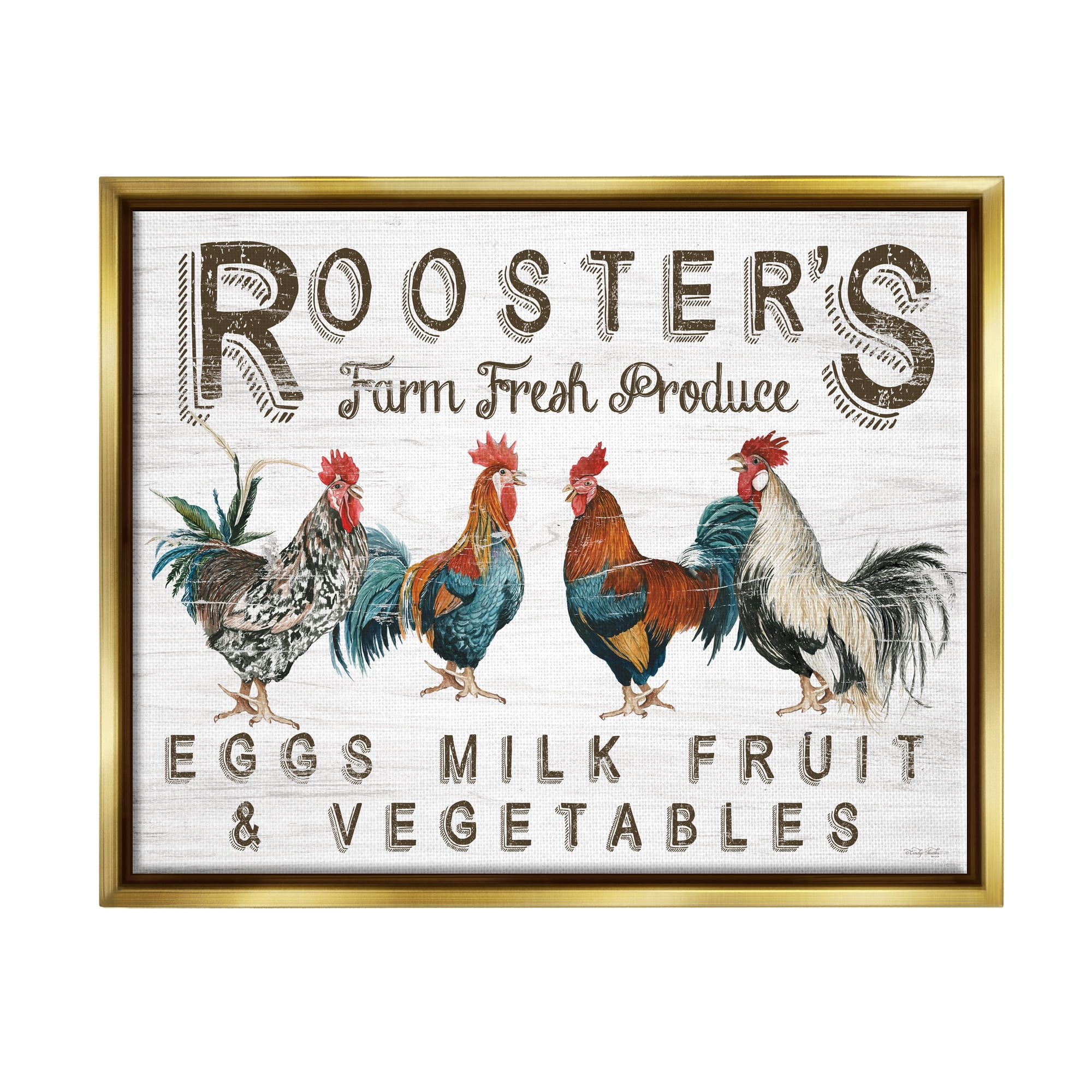 Stupell Rustic Roosters Farm Fresh Produce Animals & Insects Painting Gold Floater Framed Art Print Wall Art