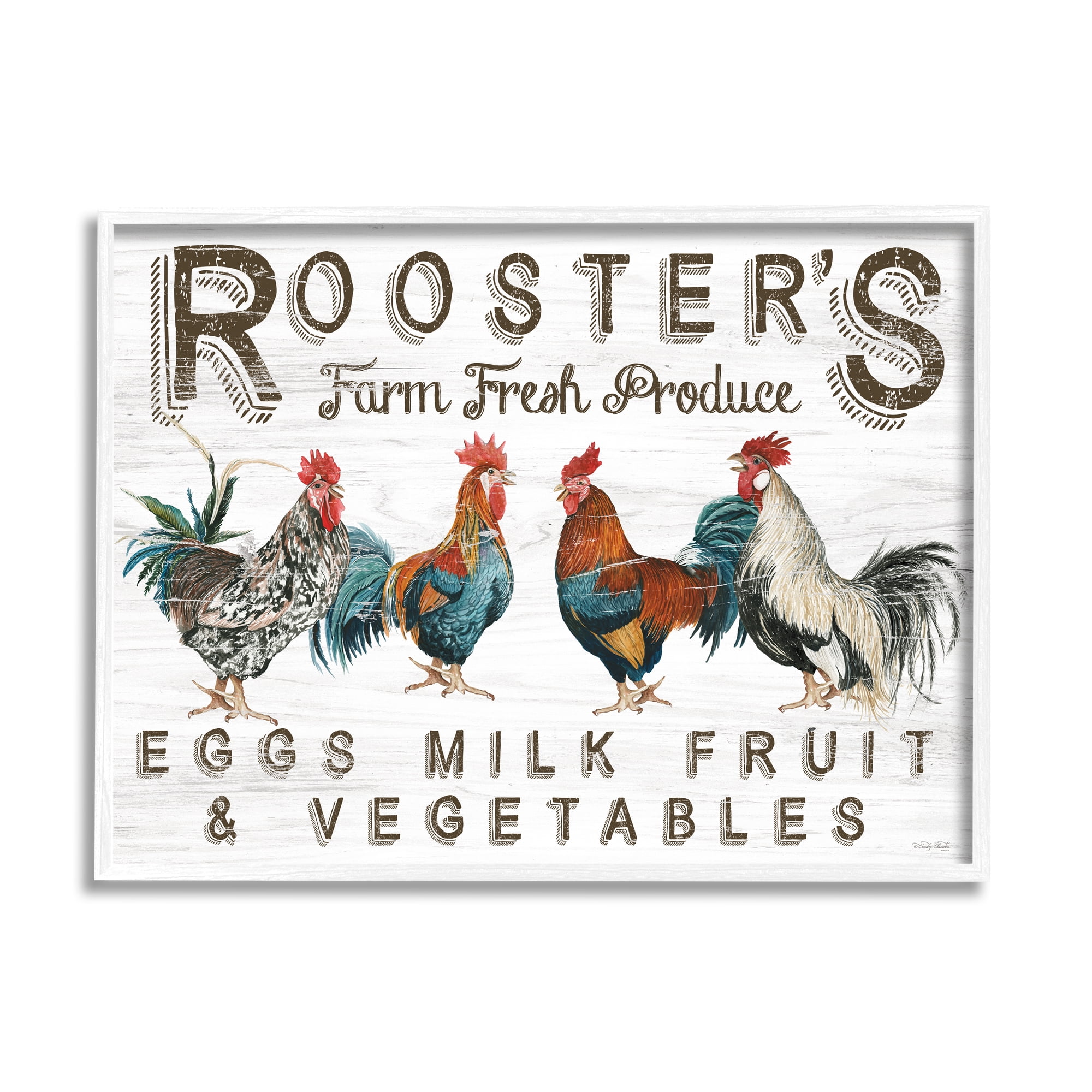 Stupell Rustic Roosters Farm Fresh Produce Animals & Insects Painting White Framed Art Print Wall Art