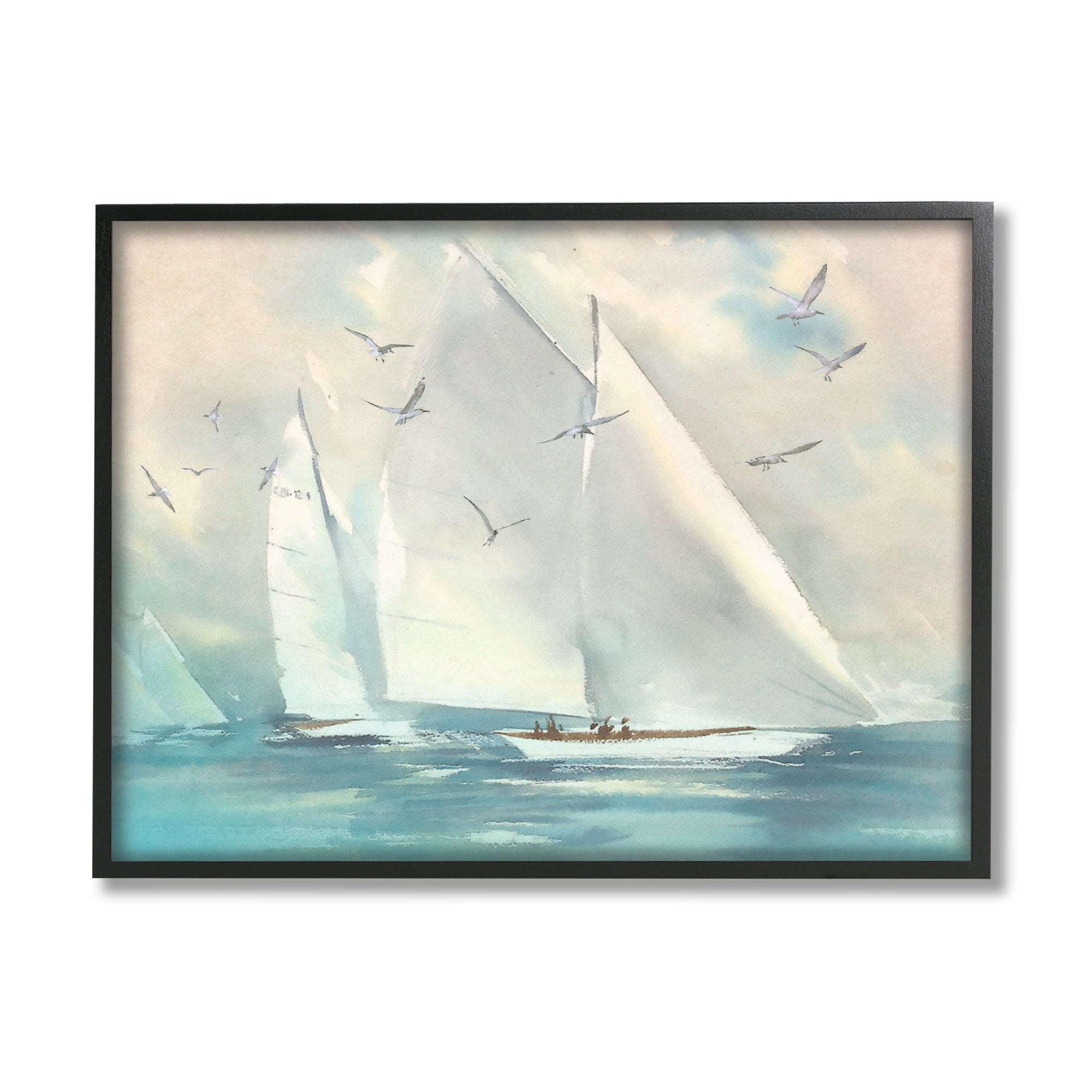 Stupell Sailboats Ocean Water Waves Landscape Painting Black Framed Art Print Wall Art