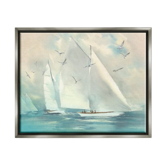 Stupell Sailboats Ocean Water Waves Landscape Painting Gray Floater Framed Art Print Wall Art