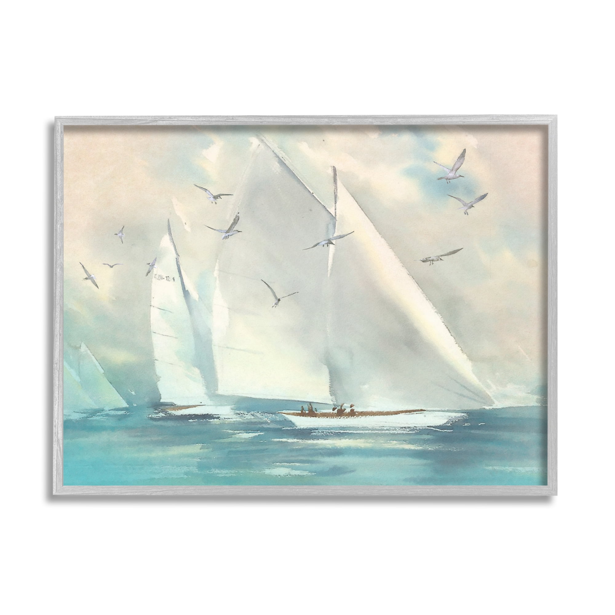 Stupell Sailboats Ocean Water Waves Landscape Painting Gray Framed Art Print Wall Art