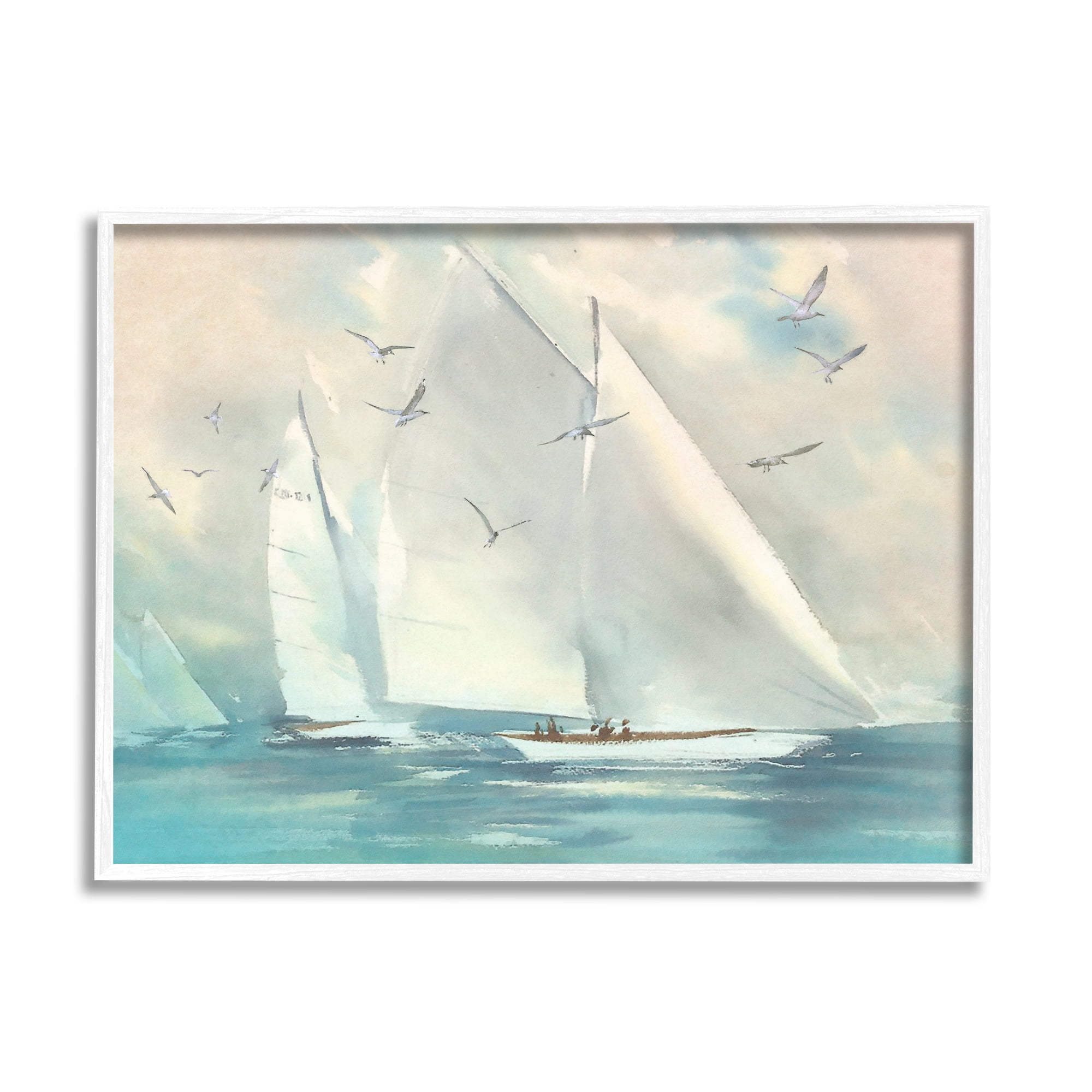 Stupell Sailboats Ocean Water Waves Landscape Painting White Framed Art Print Wall Art