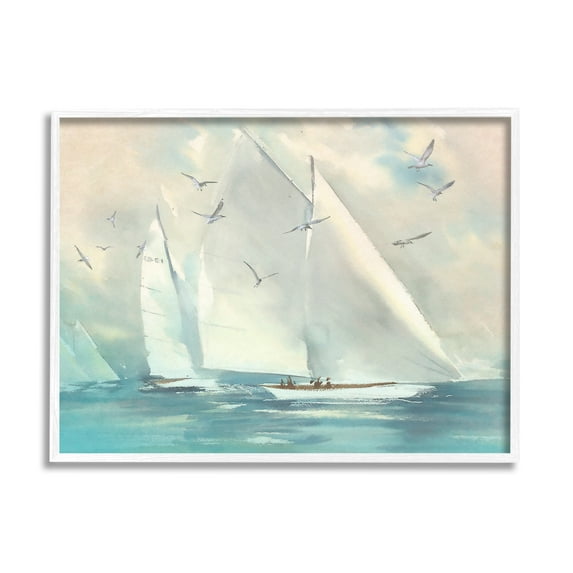 Stupell Sailboats Ocean Water Waves Landscape Painting White Framed Art Print Wall Art