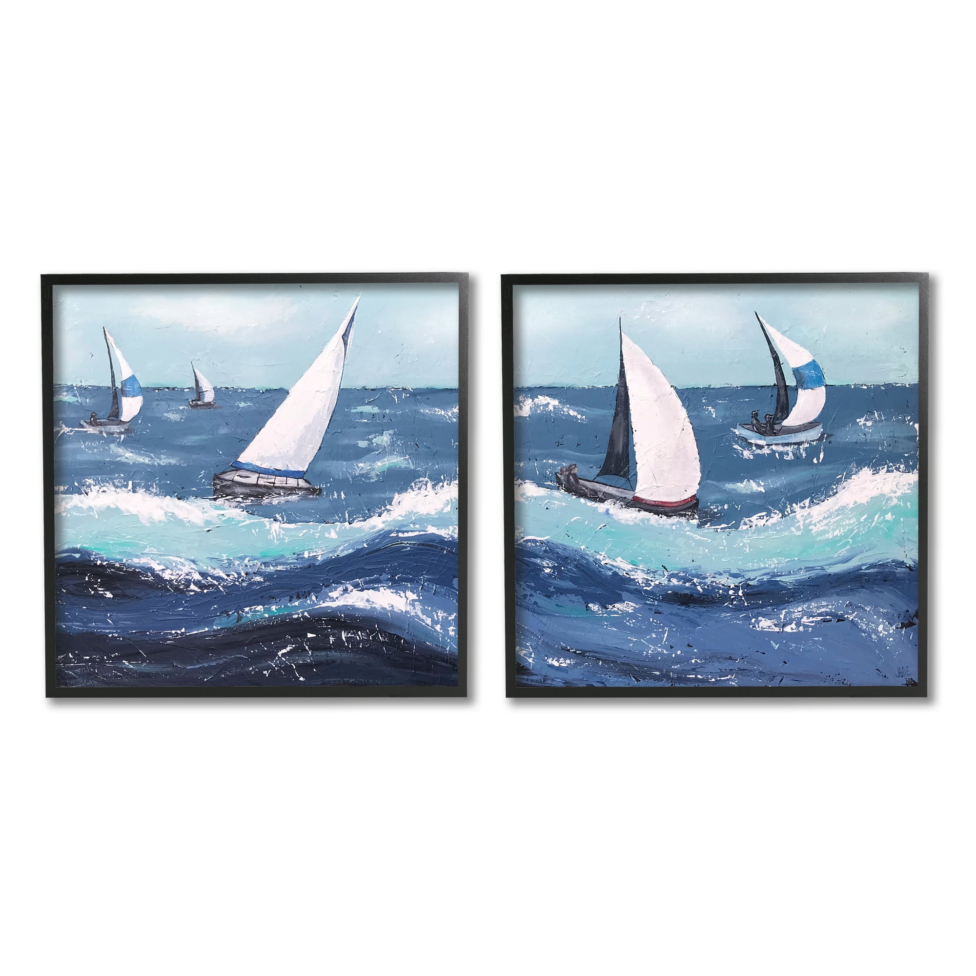 Stupell Sailboats Rough Ocean Waves Splash Landscape Painting Black Framed Art Print Wall Art, Set of 2