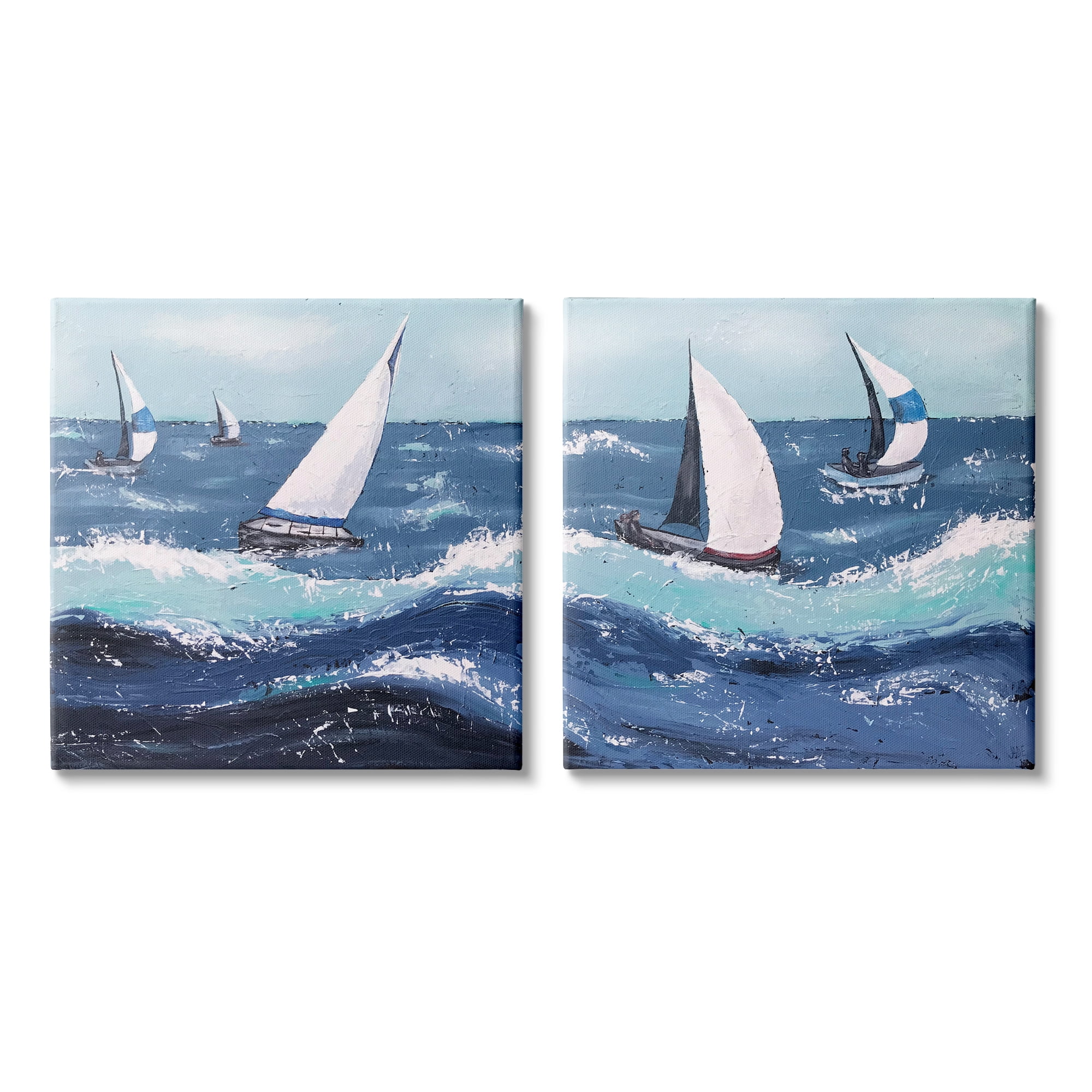 Sailboats on Rough Ocean Waves Blue Canvas Wall Art Set