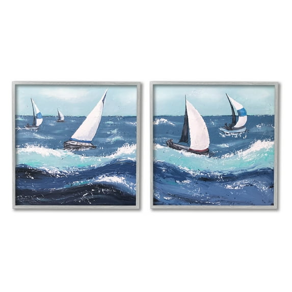 Stupell Sailboats Rough Ocean Waves Splash Landscape Painting Gray Framed Art Print Wall Art, Set of 2