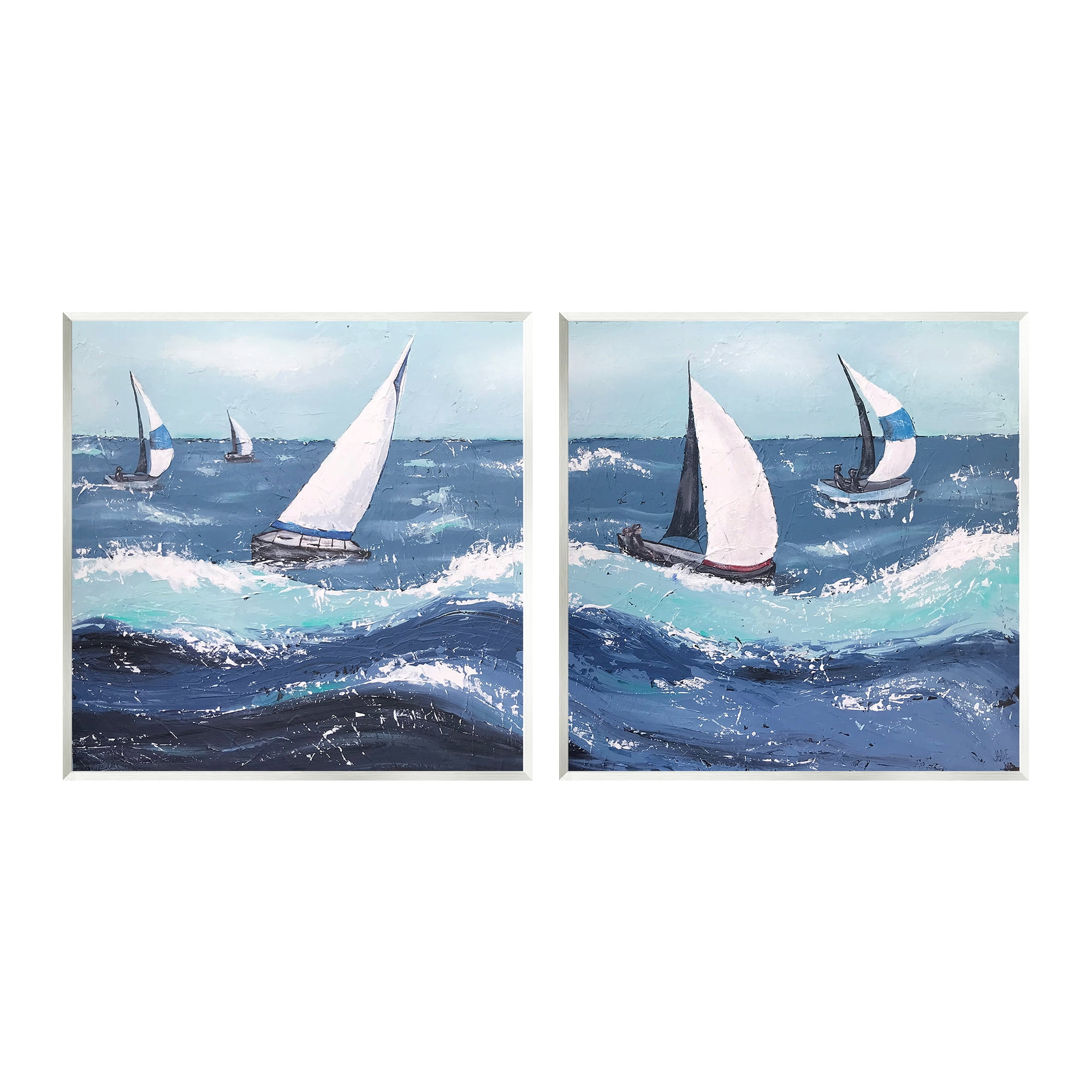 Stupell Sailboats Rough Ocean Waves Splash Landscape Painting Wall Plaque Unframed Art Print Wall Art, Set of 2