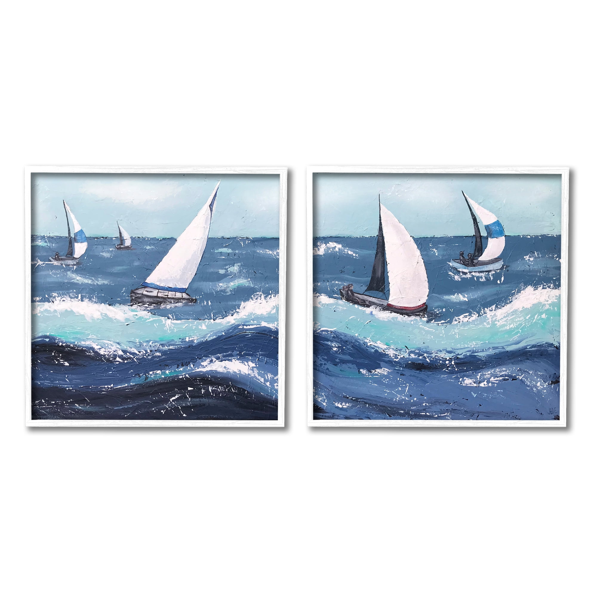 Stupell Sailboats Rough Ocean Waves Splash Landscape Painting White Framed Art Print Wall Art, Set of 2