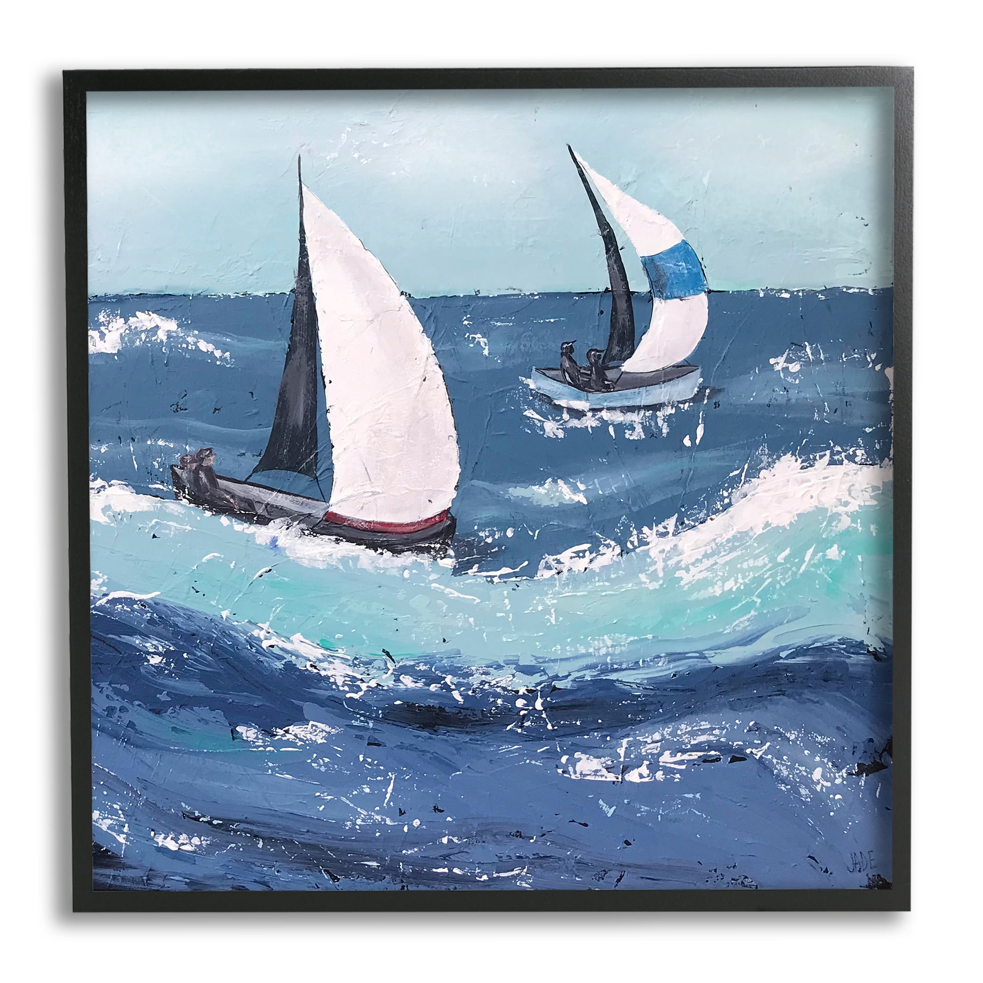 Stupell Sailing Sea Waves Splashing Landscape Painting Black Framed Art Print Wall Art