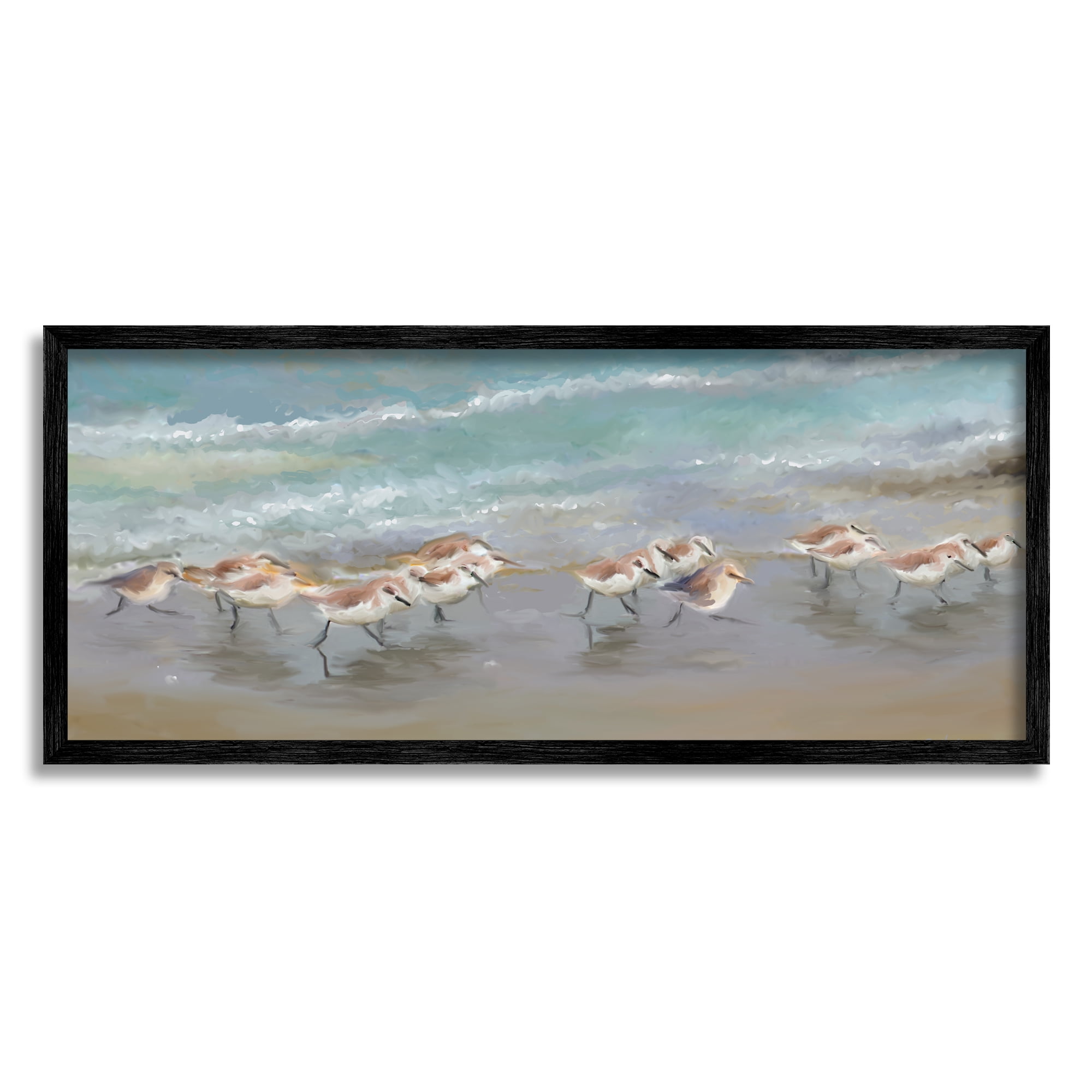Stupell Sandpiper Flock Shoreline Splashing Landscape Painting Black Framed Art Print Wall Art