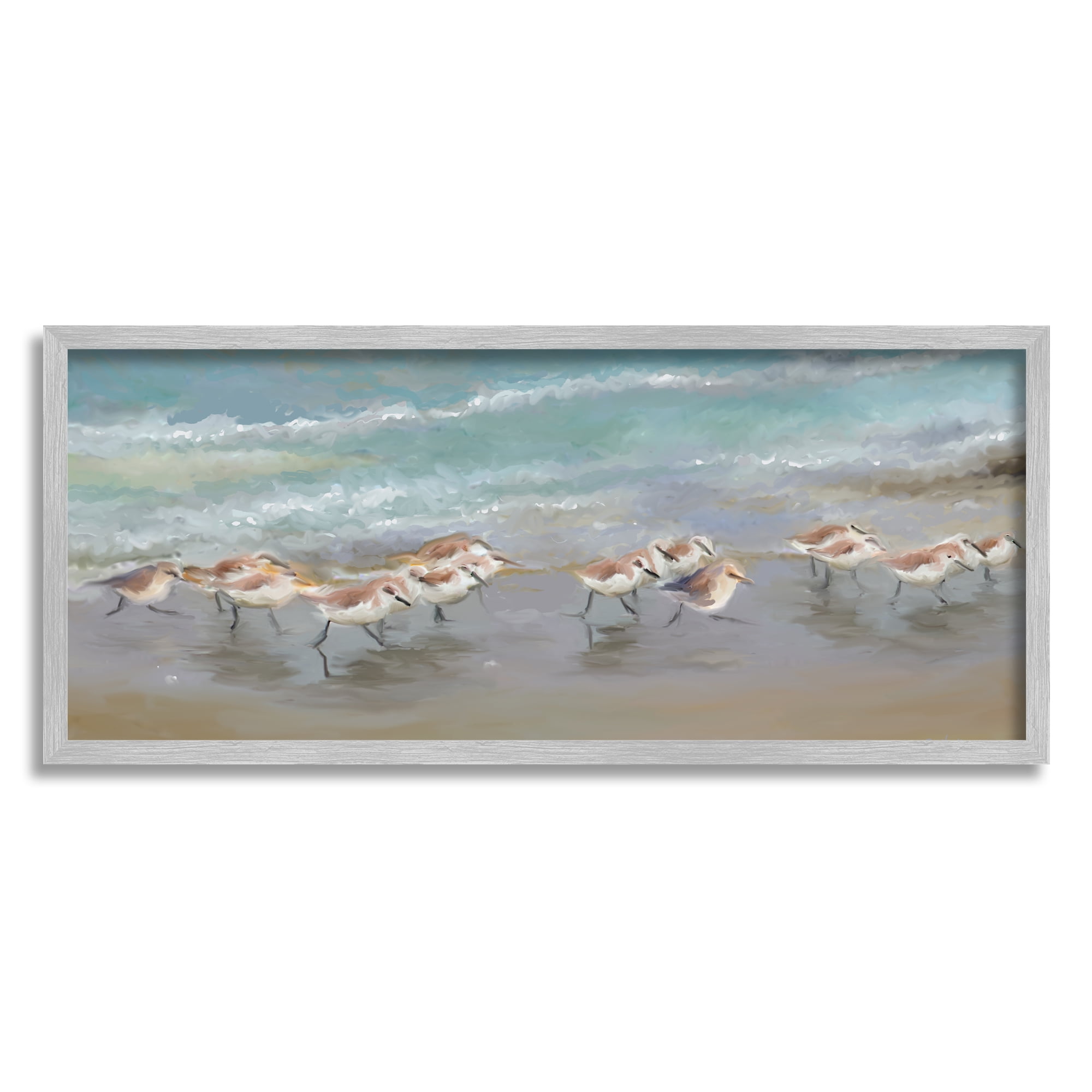 Stupell Sandpiper Flock Shoreline Splashing Landscape Painting Gray Framed Art Print Wall Art