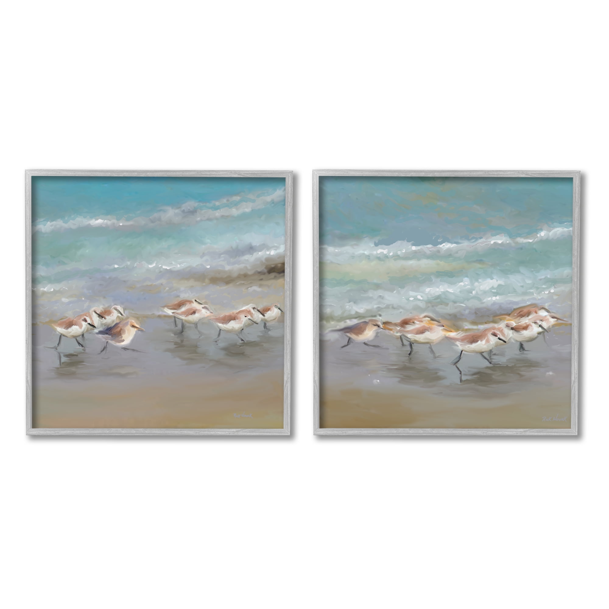 Stupell Sandpipers Flock Summer Beach Sand Animals & Insects Painting Gray Framed Art Print Wall Art, Set of 2