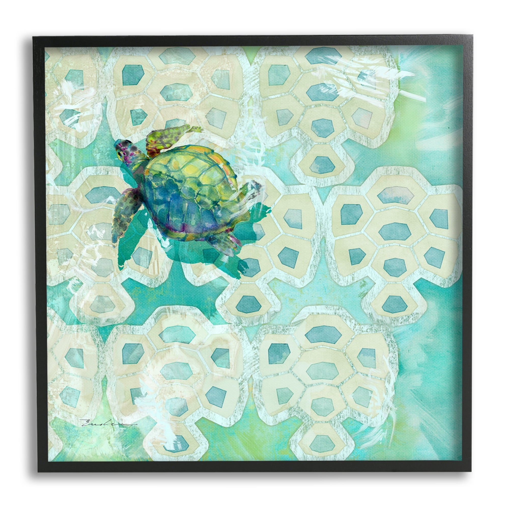 Stupell Sea Turtle Geometric Pattern Landscape Painting Black Framed Art Print Wall Art