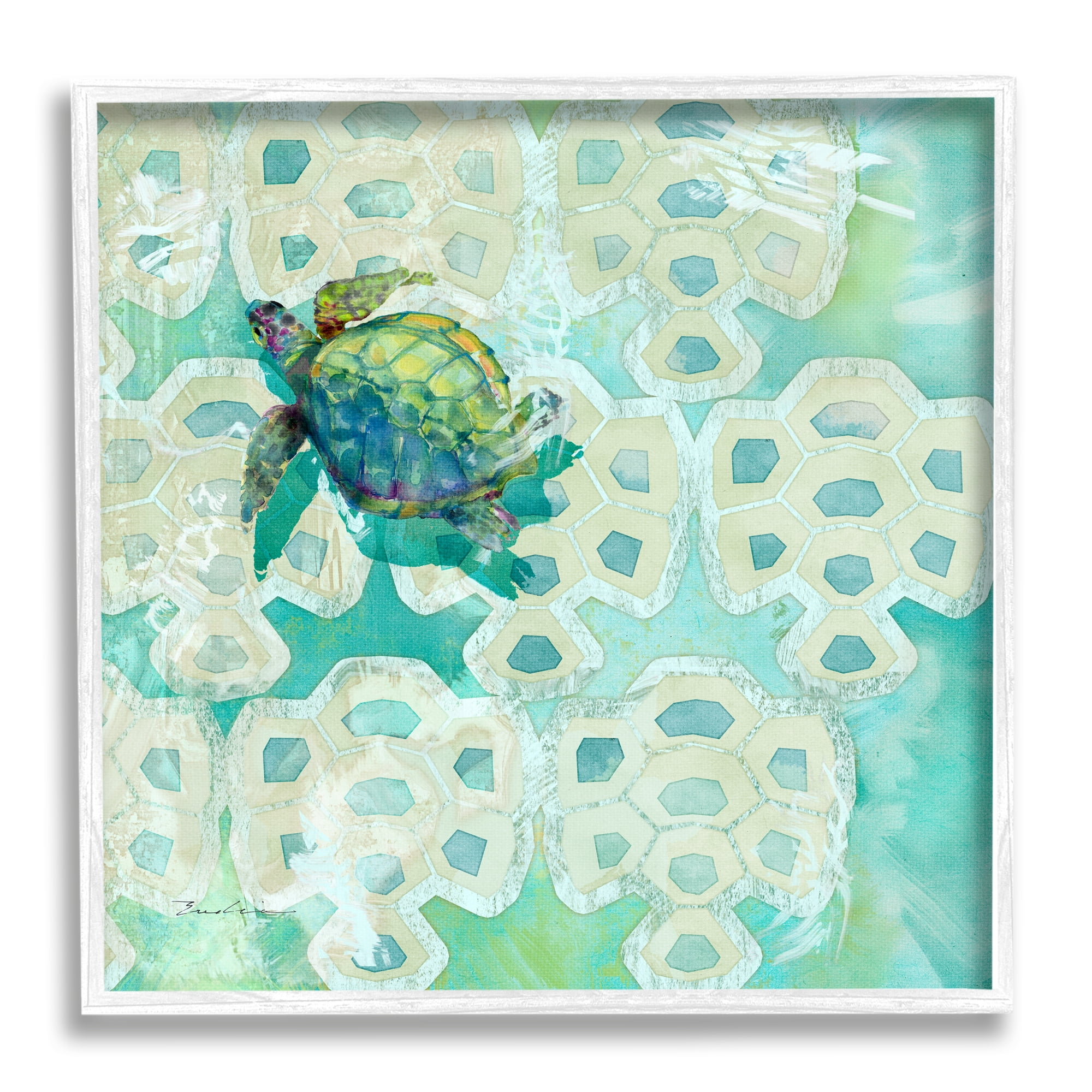 Stupell Sea Turtle Geometric Pattern Landscape Painting White Framed Art Print Wall Art