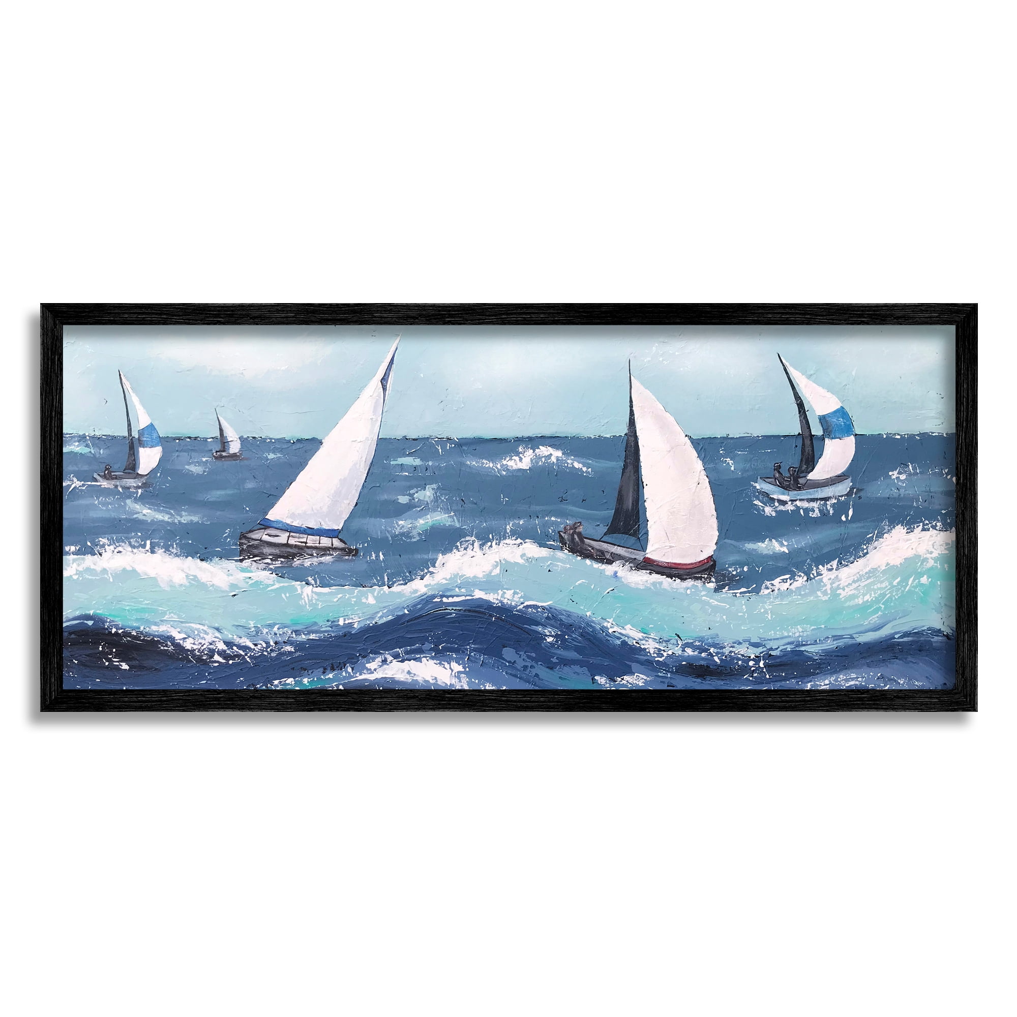 Stupell Sea Waves Splashing Sailboats Landscape Painting Black Framed Art Print Wall Art